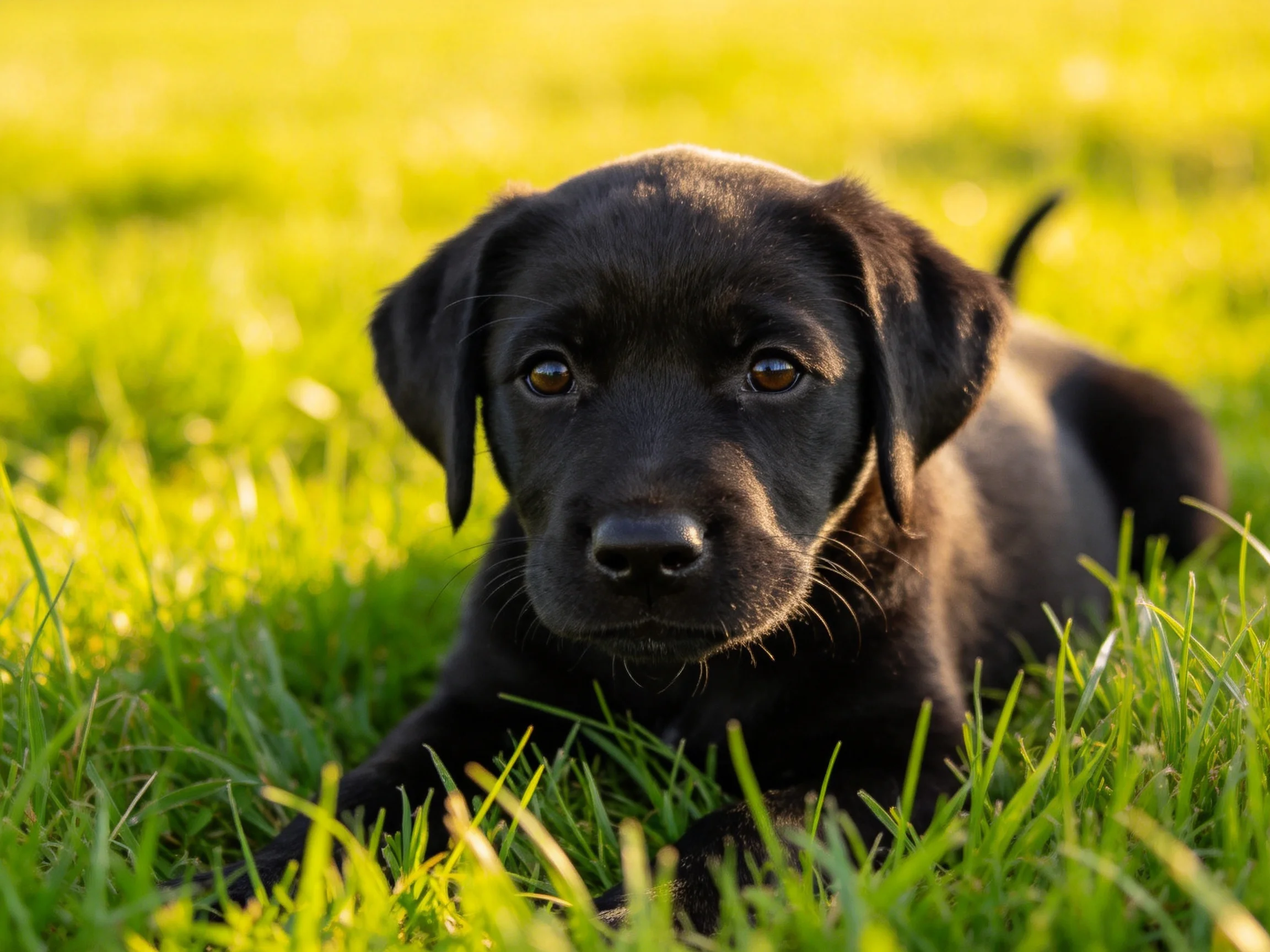 A black puppy lies peacefully among tall green grass in bright daylight.