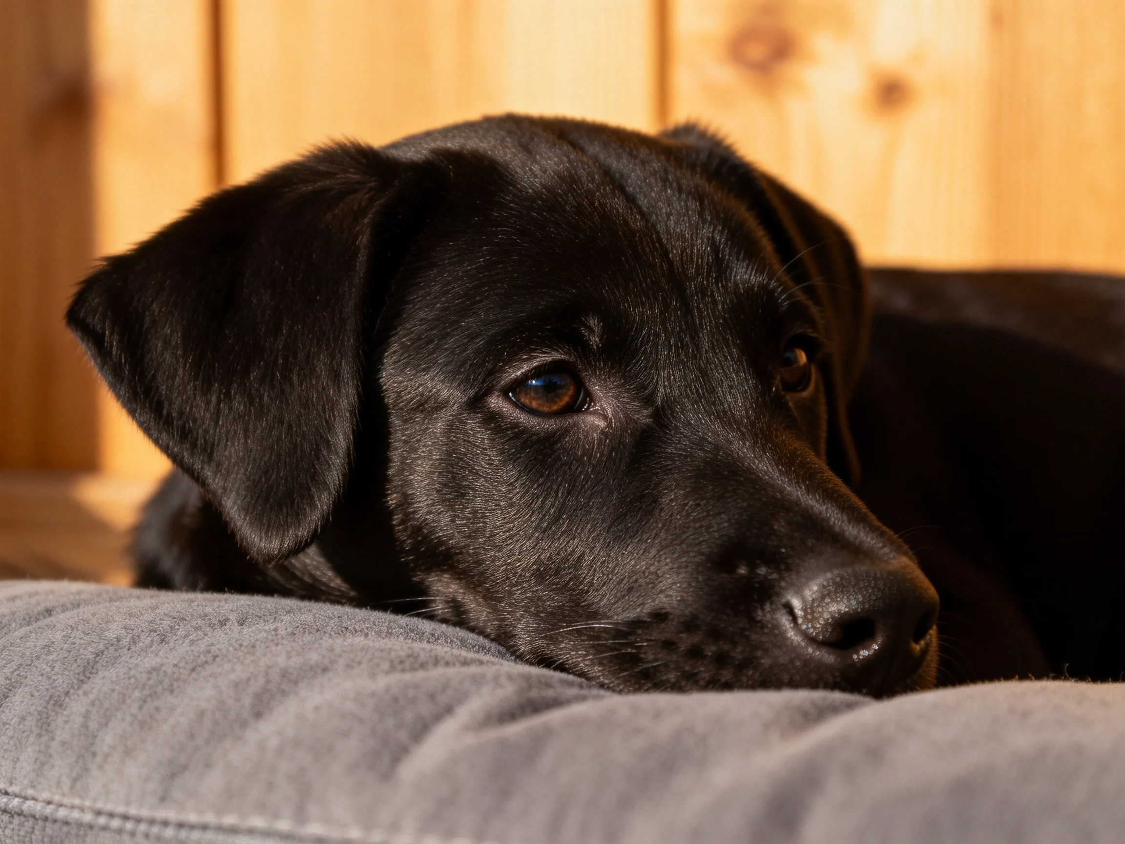 A black puppy rests on a gray cushion beside a wooden panel wall