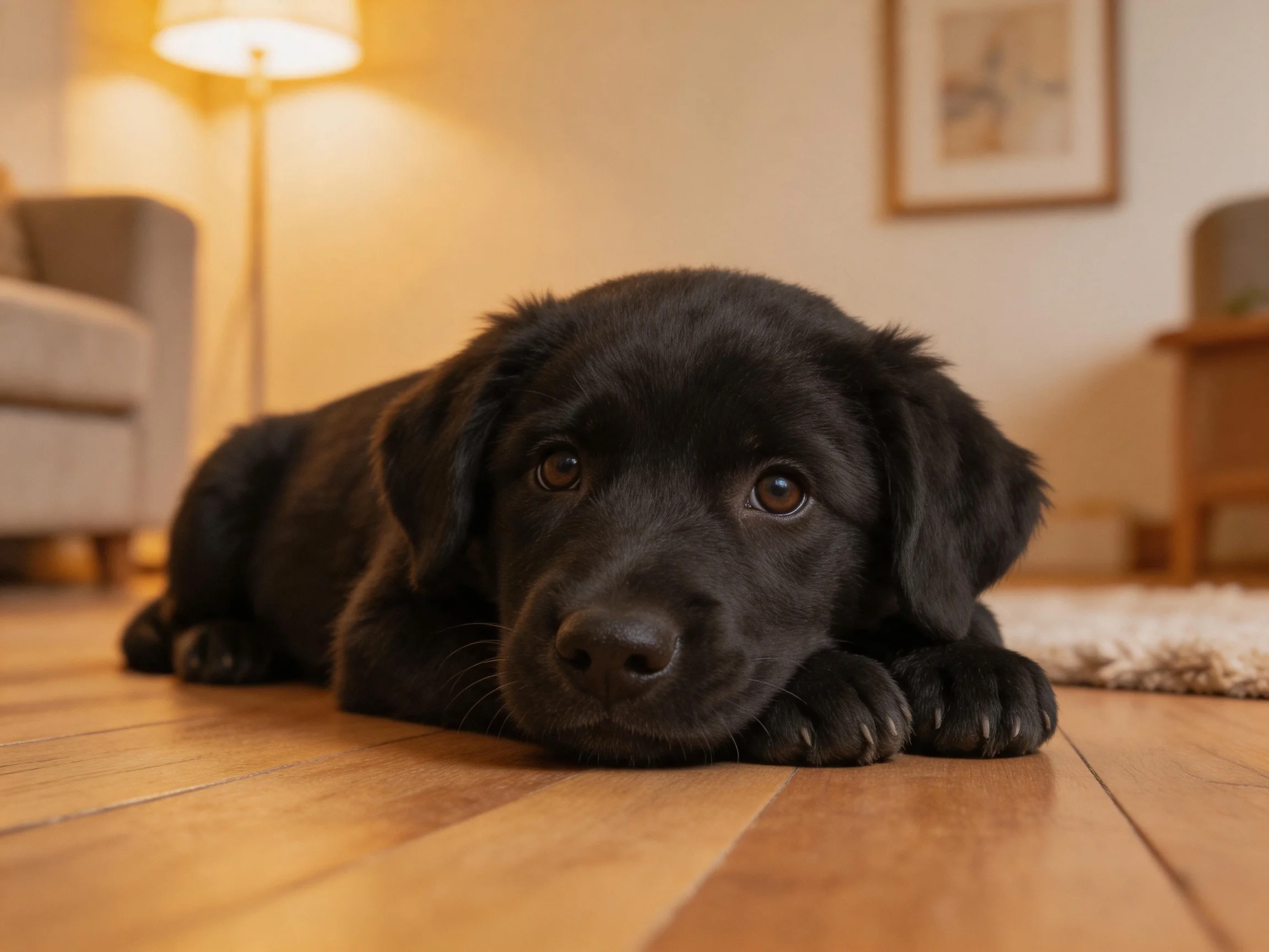 A black puppy lies on a wooden floor in a cozy living room.