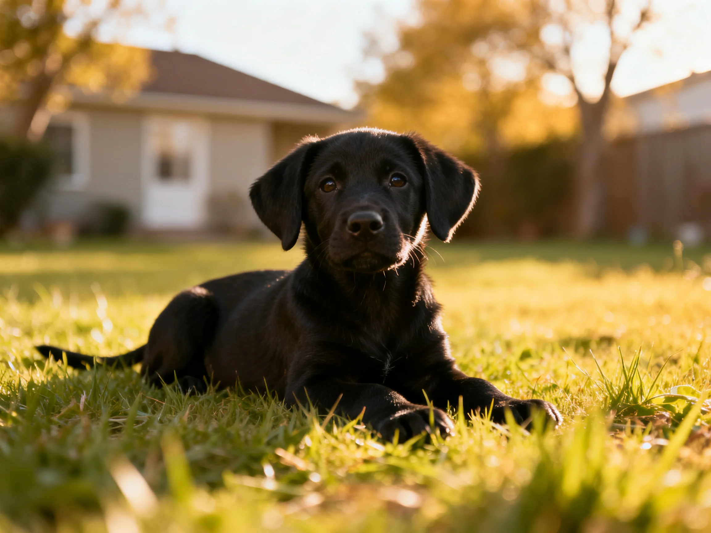 A black puppy relaxes on grass in a sunny suburban setting