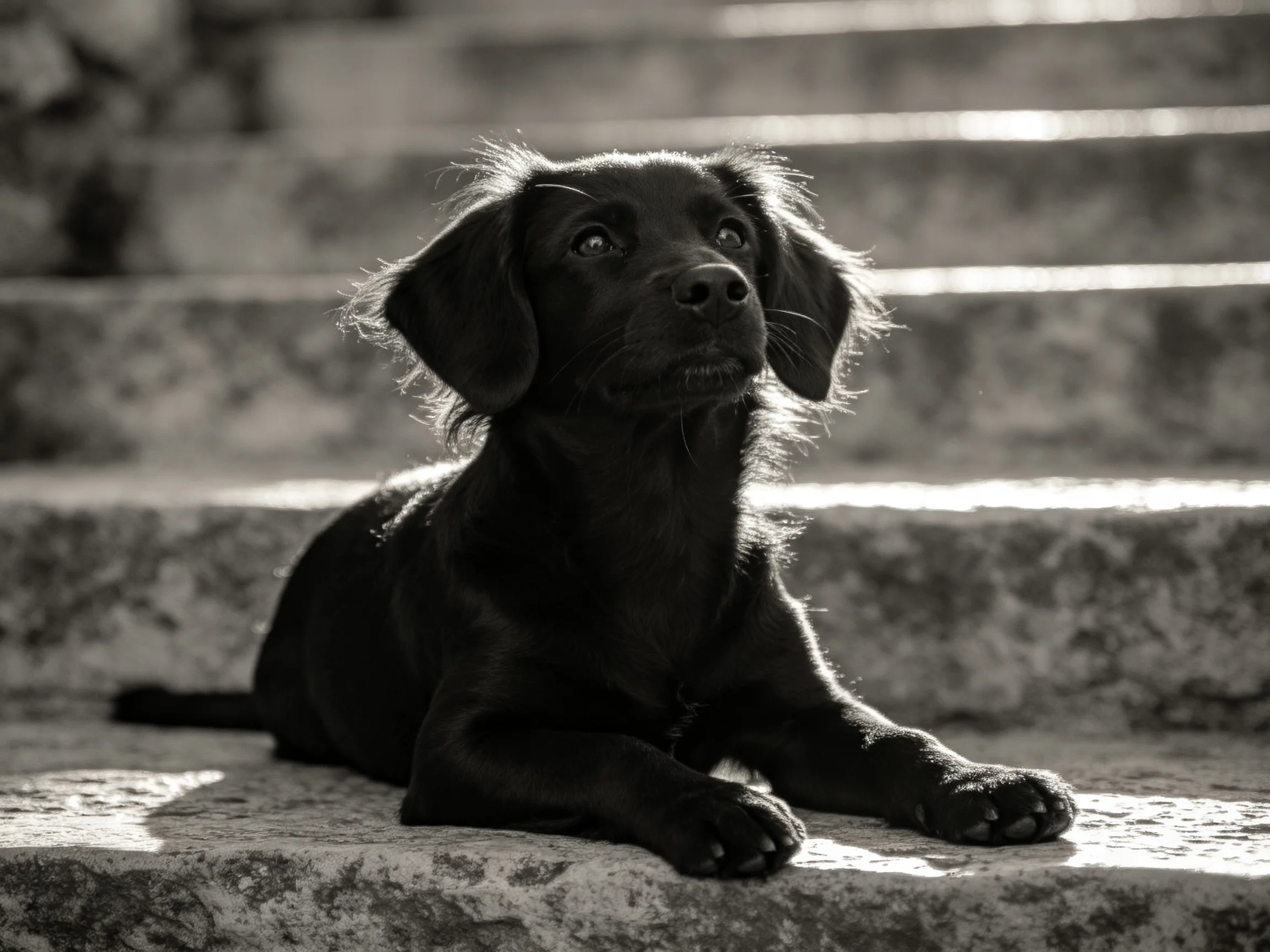 A black puppy relaxes on stone steps in a sunlit setting.