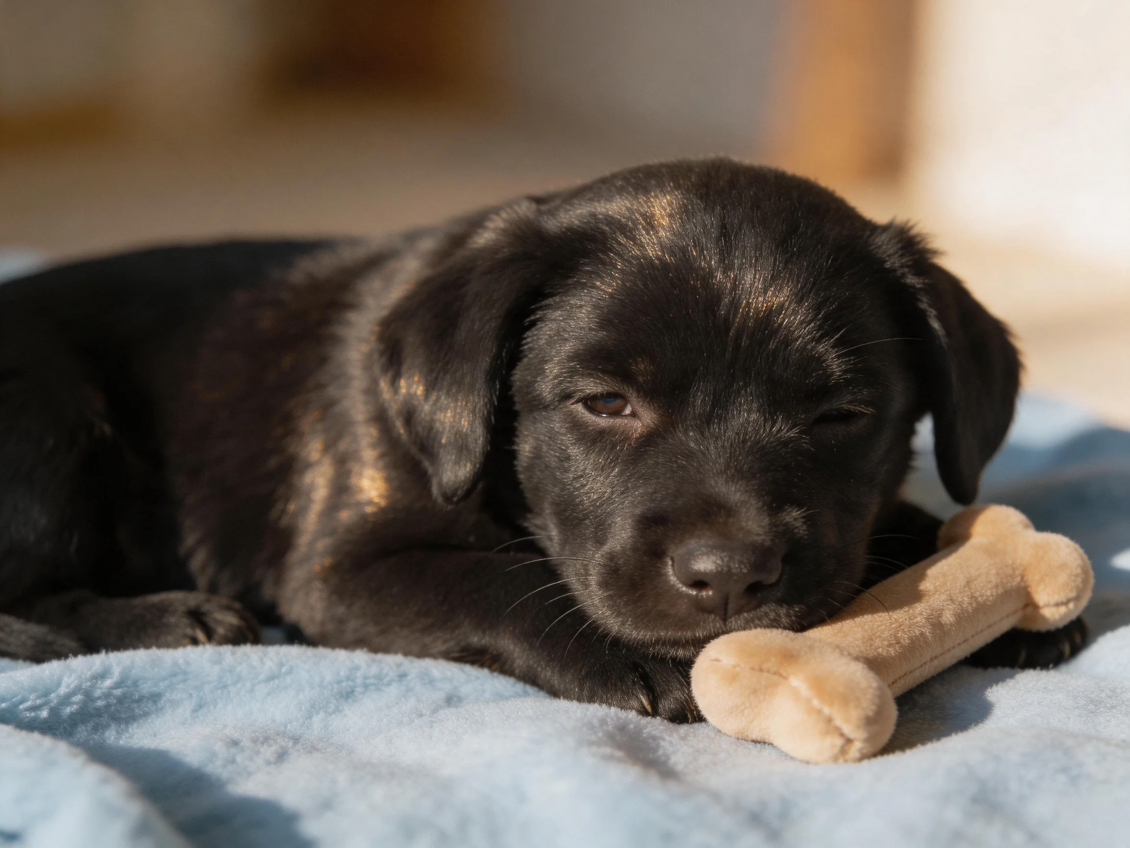 A black puppy relaxes with a stuffed bone toy on a light blue blanket.