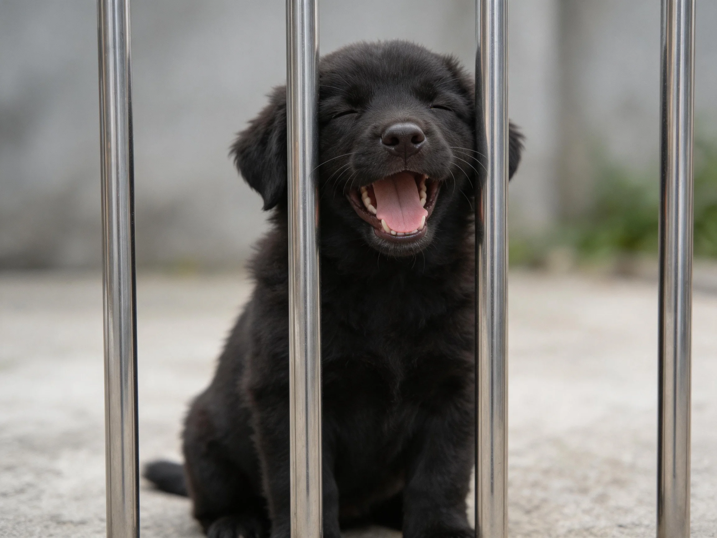 A black puppy sits behind metal bars with eyes closed