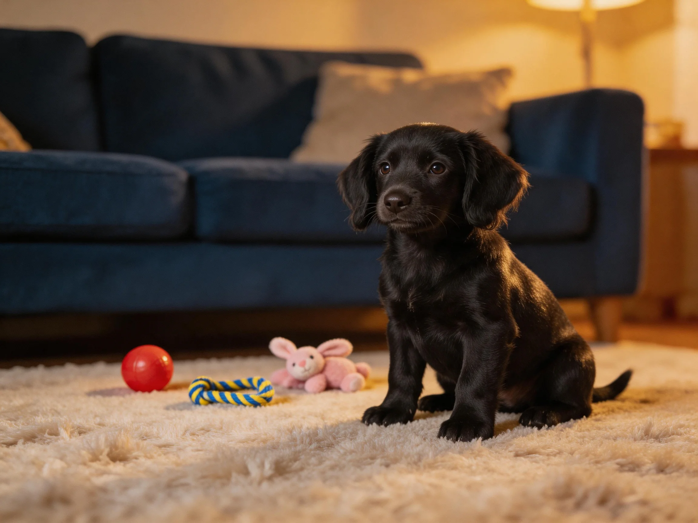 A black puppy sits among toys beside a blue sofa.