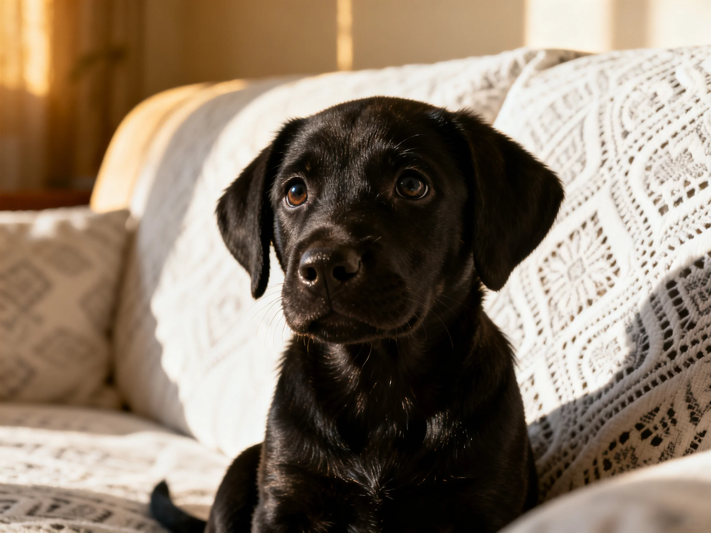 A black puppy sits on a couch with crocheted and patterned blankets