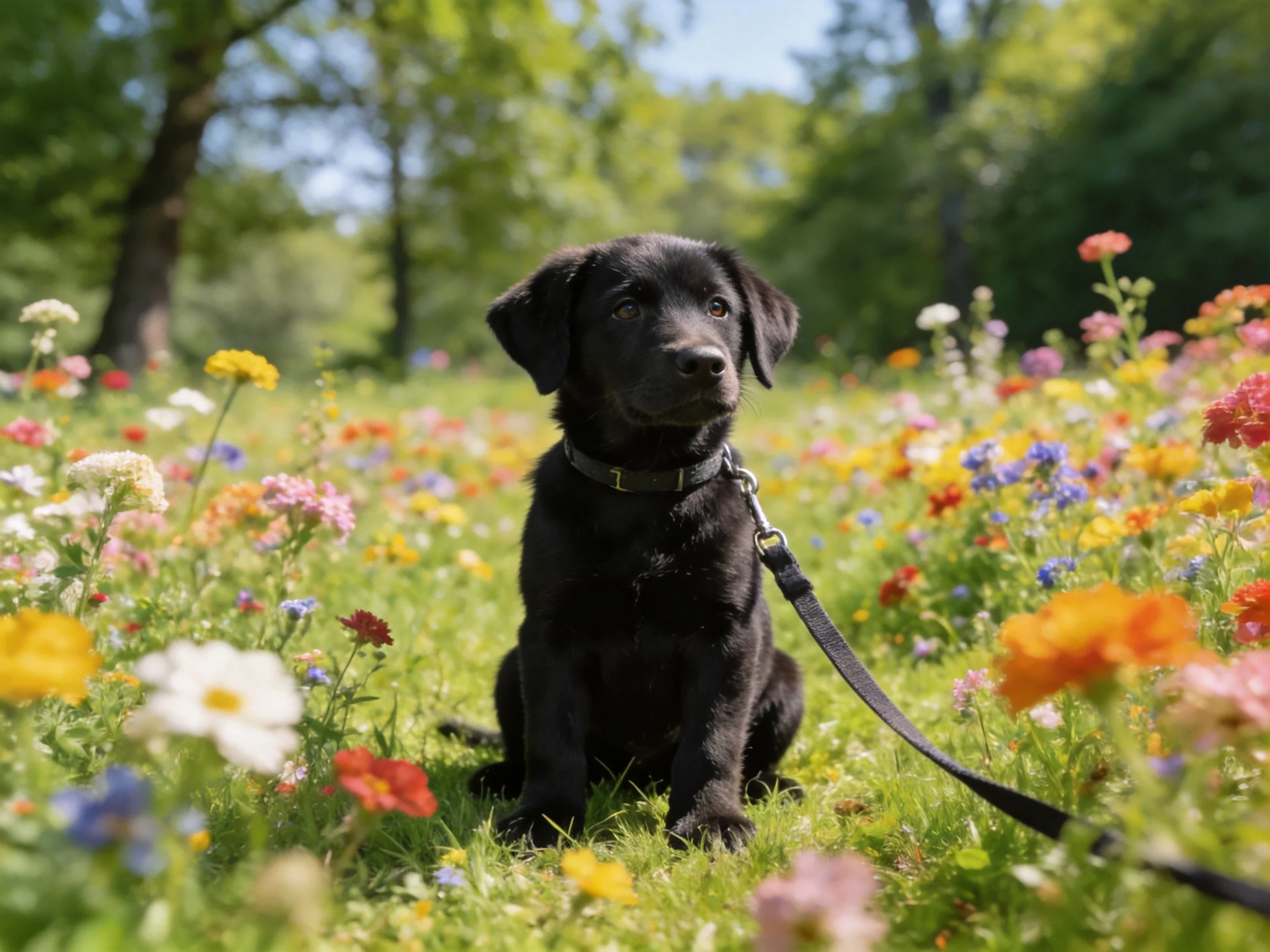 A black puppy sits among colorfulwildflowers in a sunlit meadow.