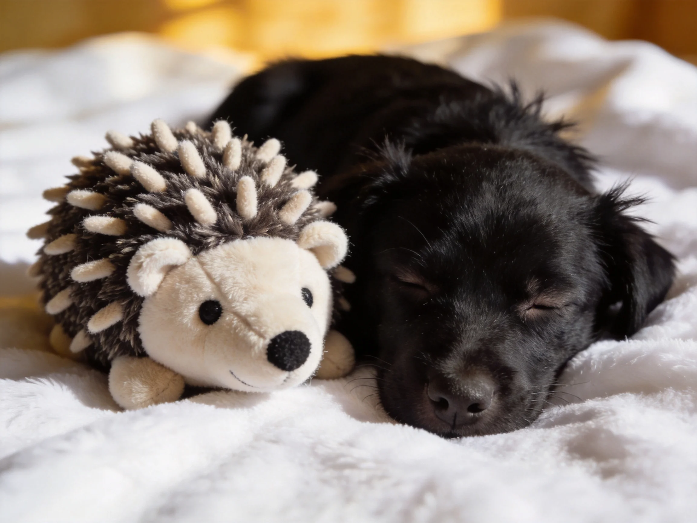 A black puppy sleepsnext to a stuffed hedgehog on soft bedding.