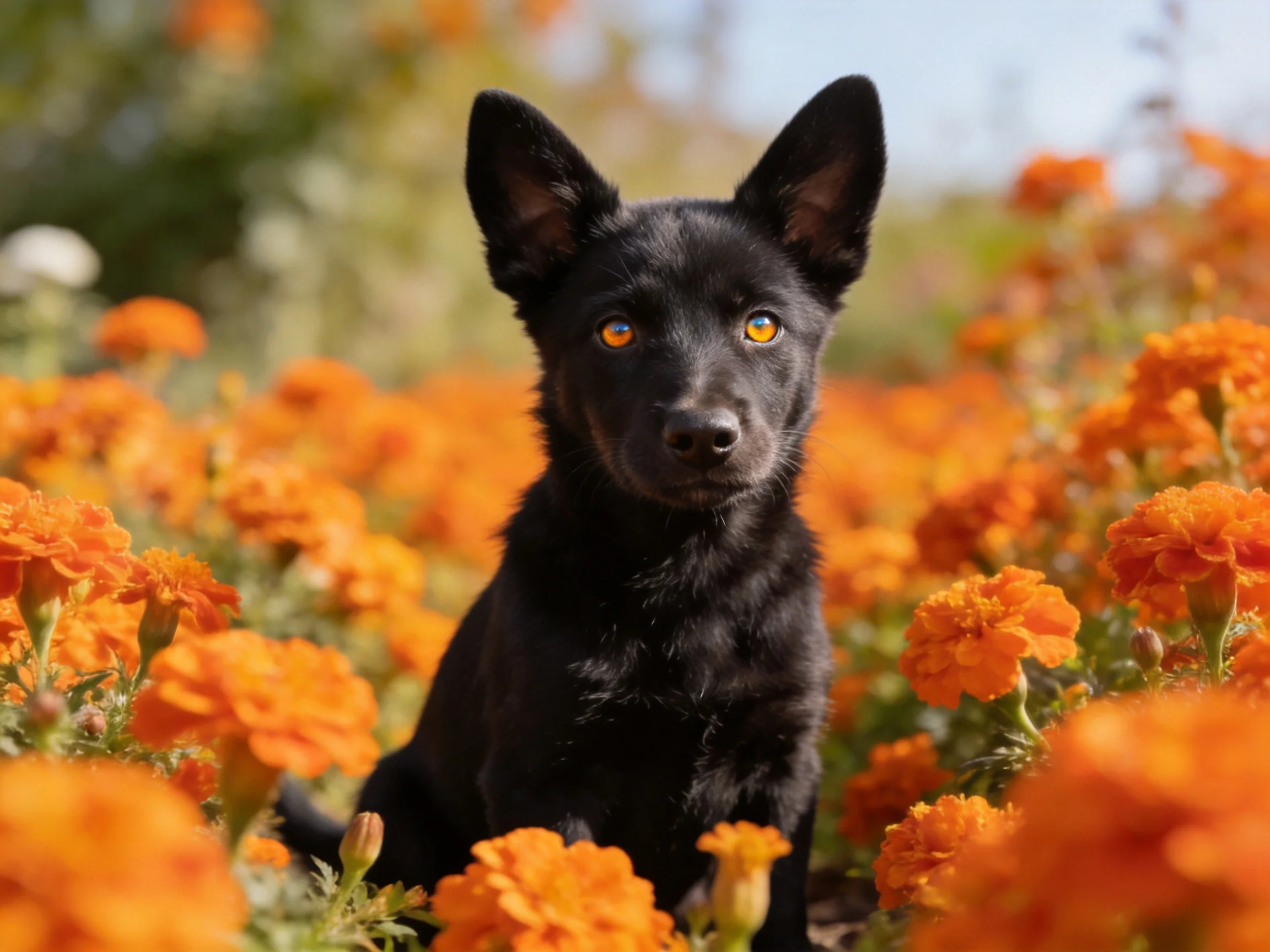 A black puppy sits among bright orange flowers in a sunlit outdoor setting.