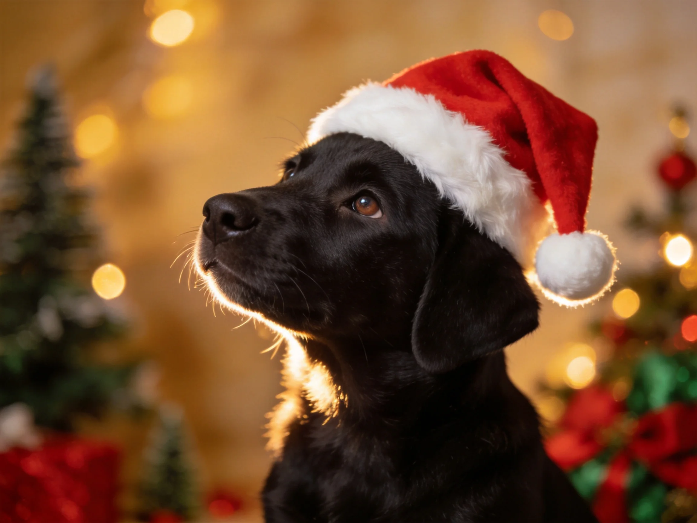 A black puppy in a Santa hat near Christmas decorations