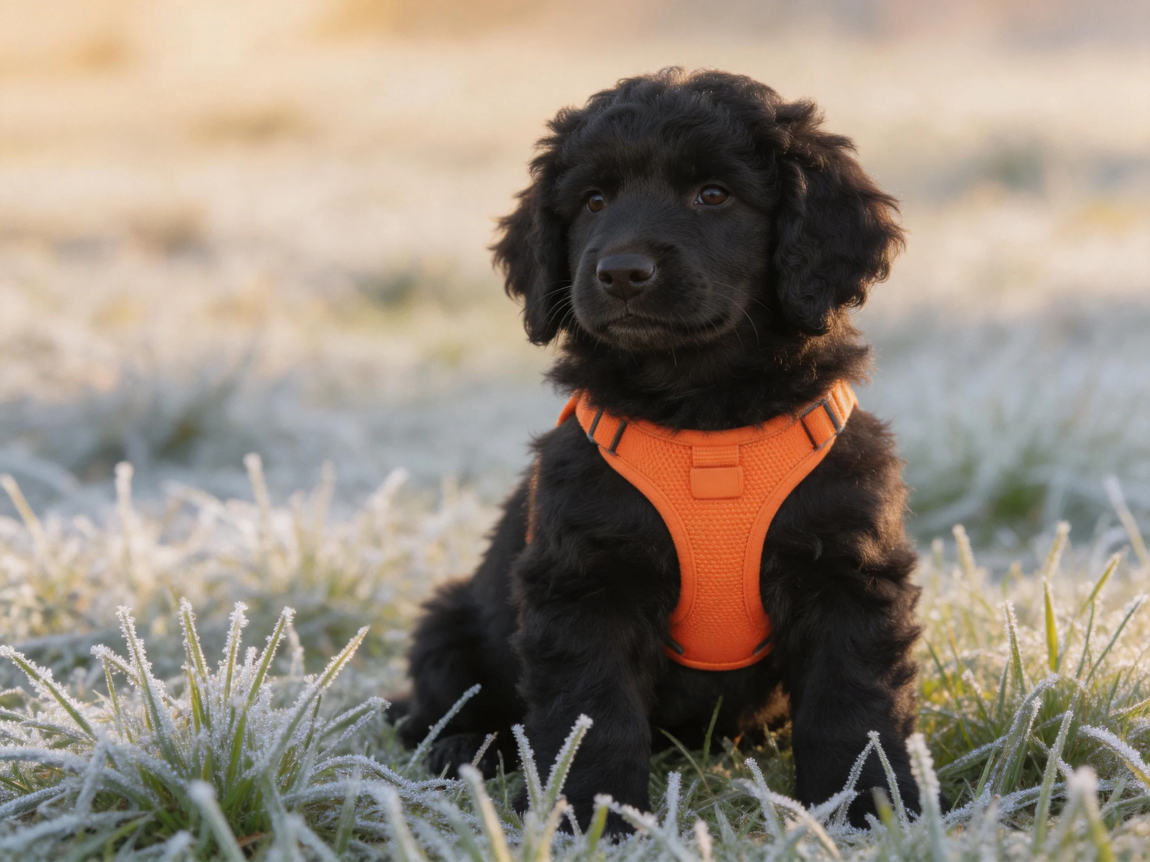 A black puppy wearing an orange harness sits on frost-covered grass
