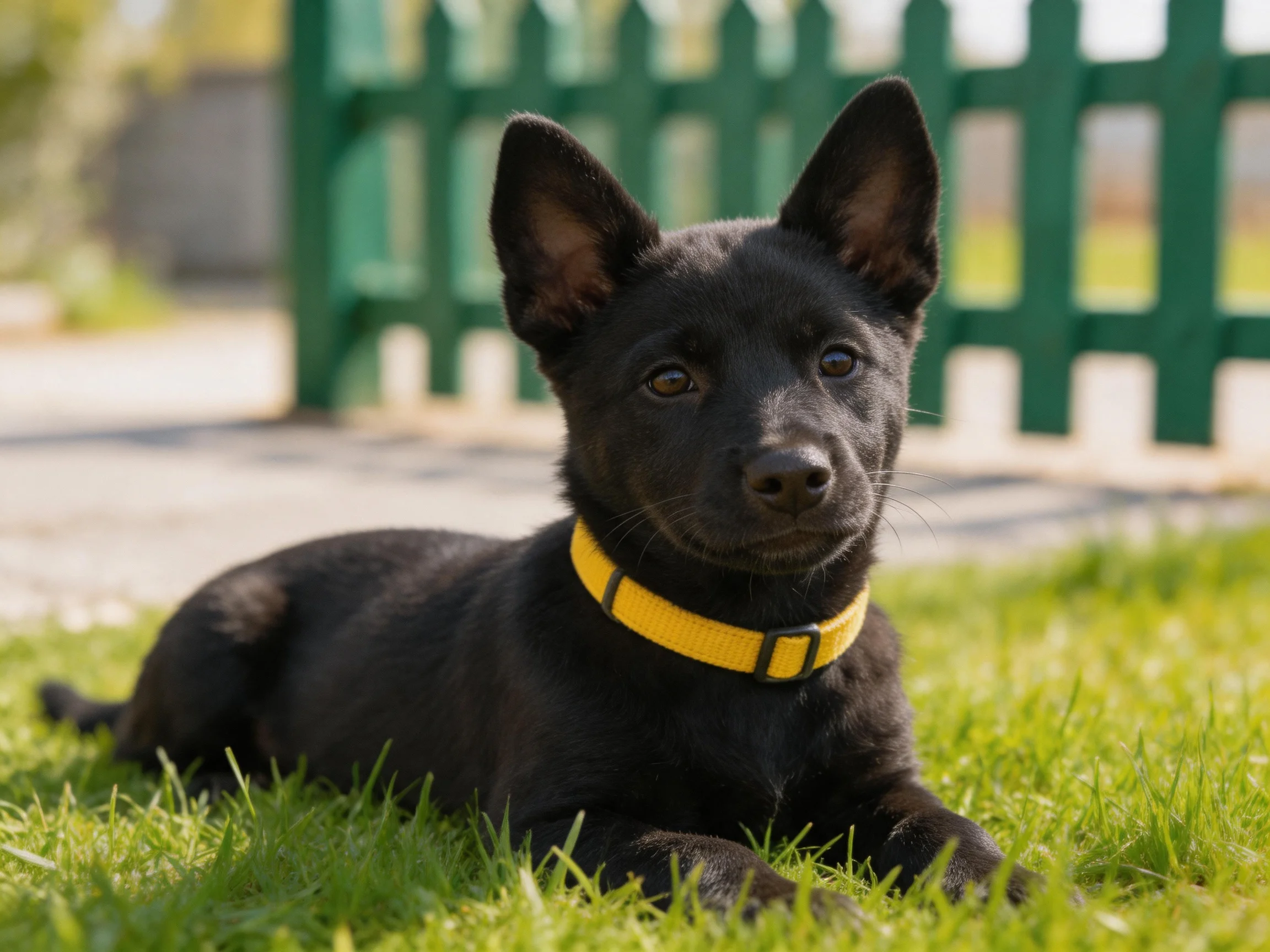 A black puppy with a yellow collar rests on green grass by a green picket fence