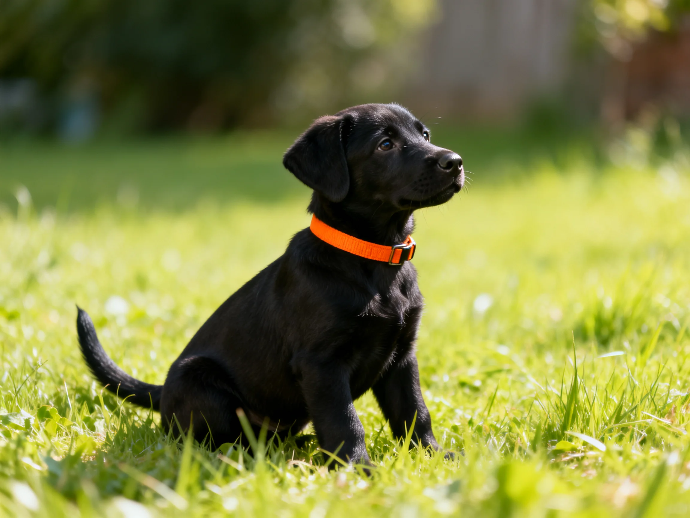 A black puppy with an orange collar sits attentively in a sunlit grassy area.