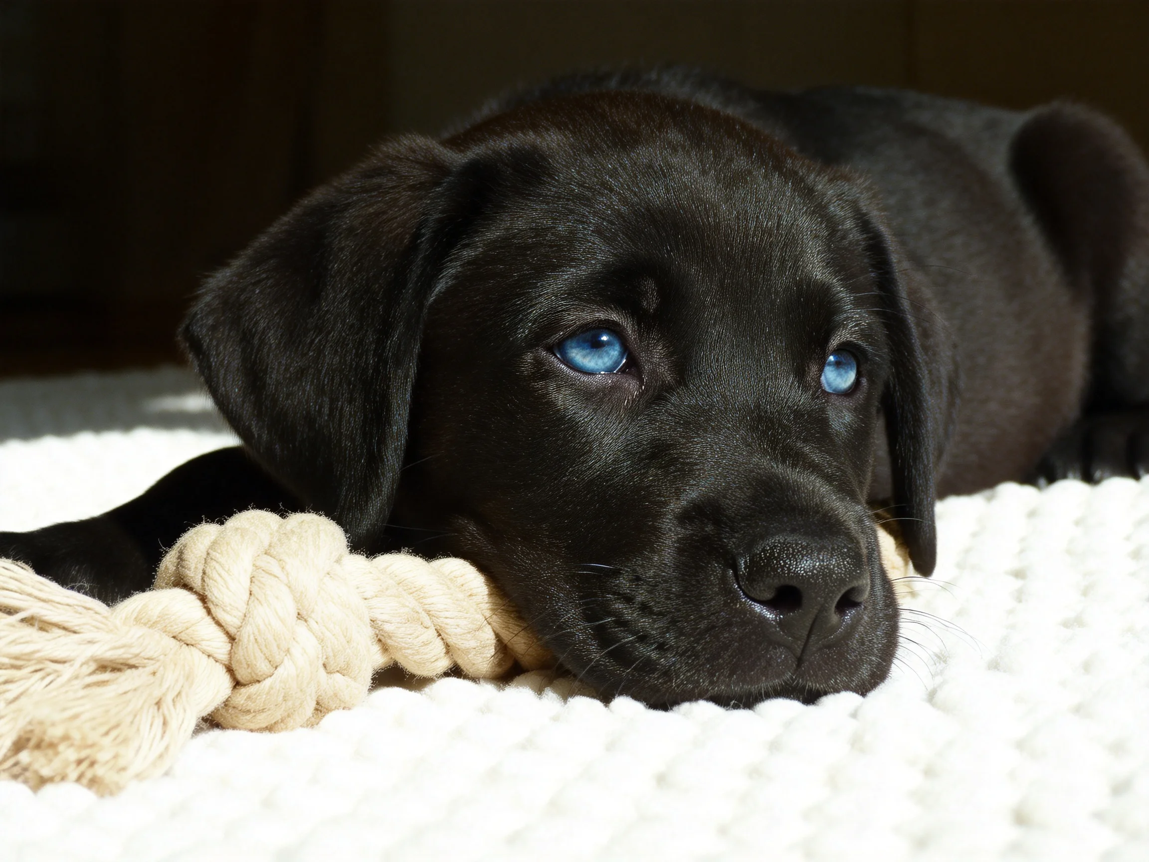 A black puppy with blue eyes lies near a rope toy on a white surface