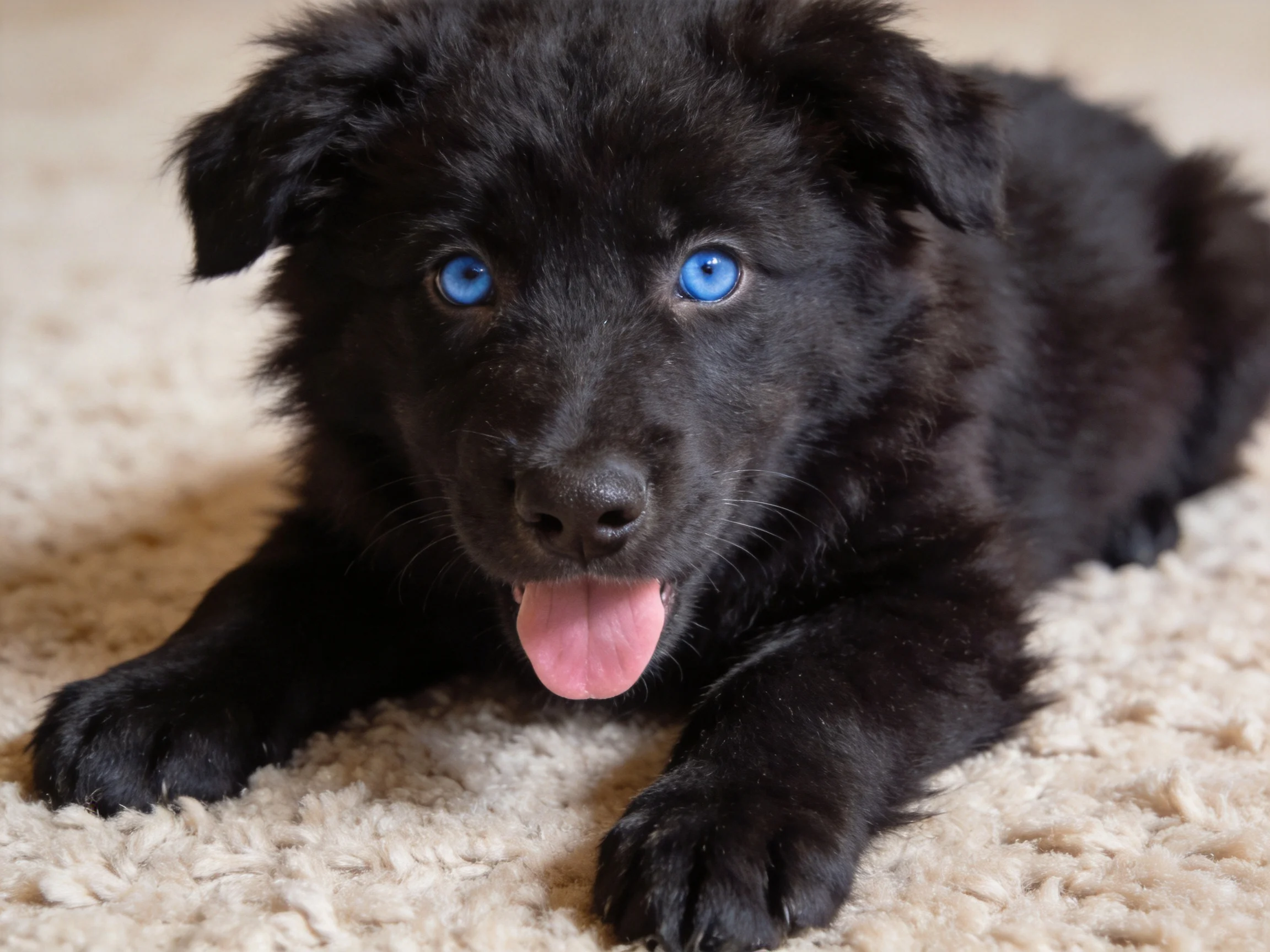 A black puppy with blue eyes relaxes on a soft carpet.