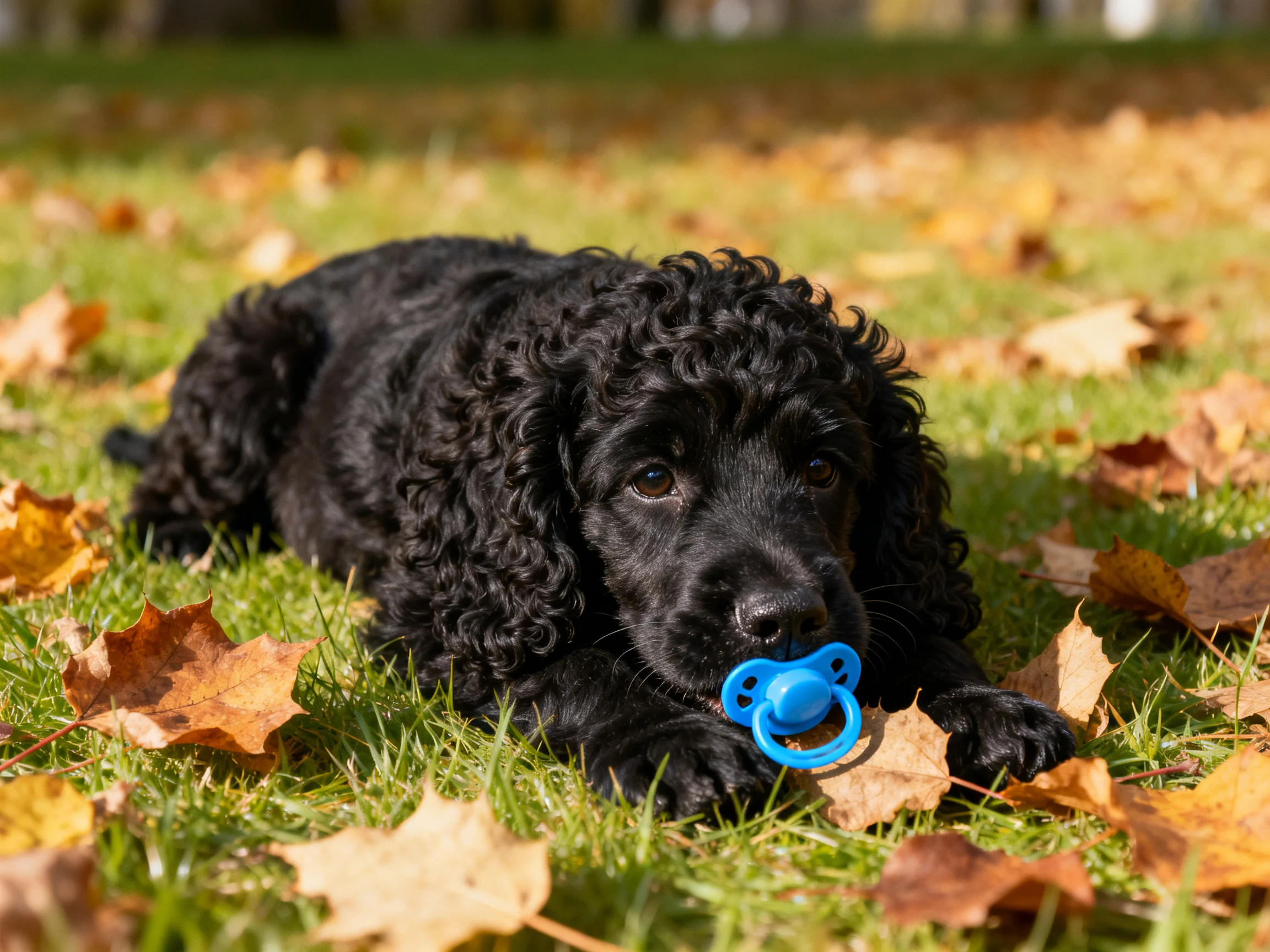 A black puppy with curly fur lies among autumn leaves with a blue pacifier