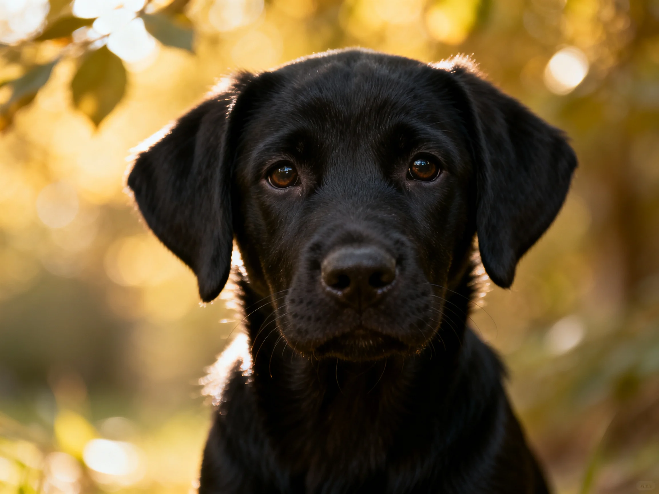 A black puppy gazes calmly in a sunlit outdoor setting.