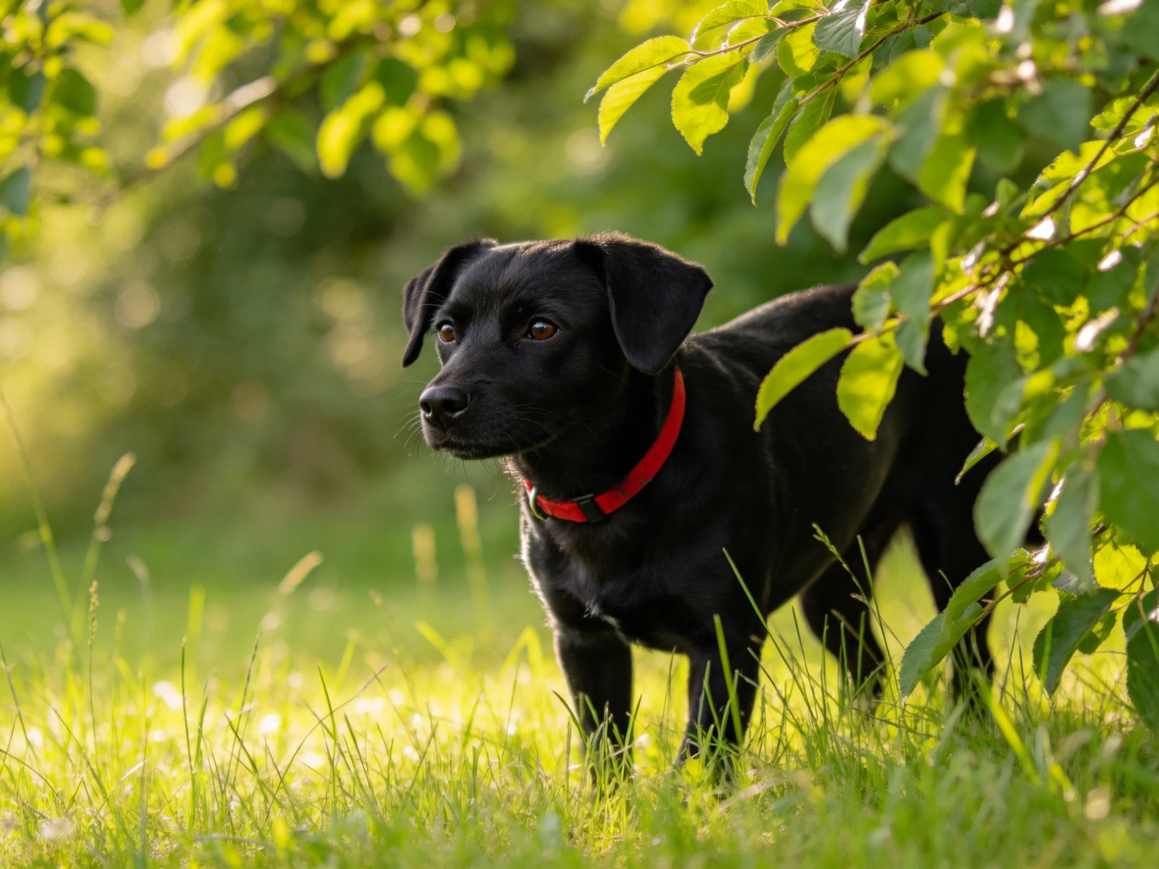 A black puppy with red collar explores lush green grass near foliage