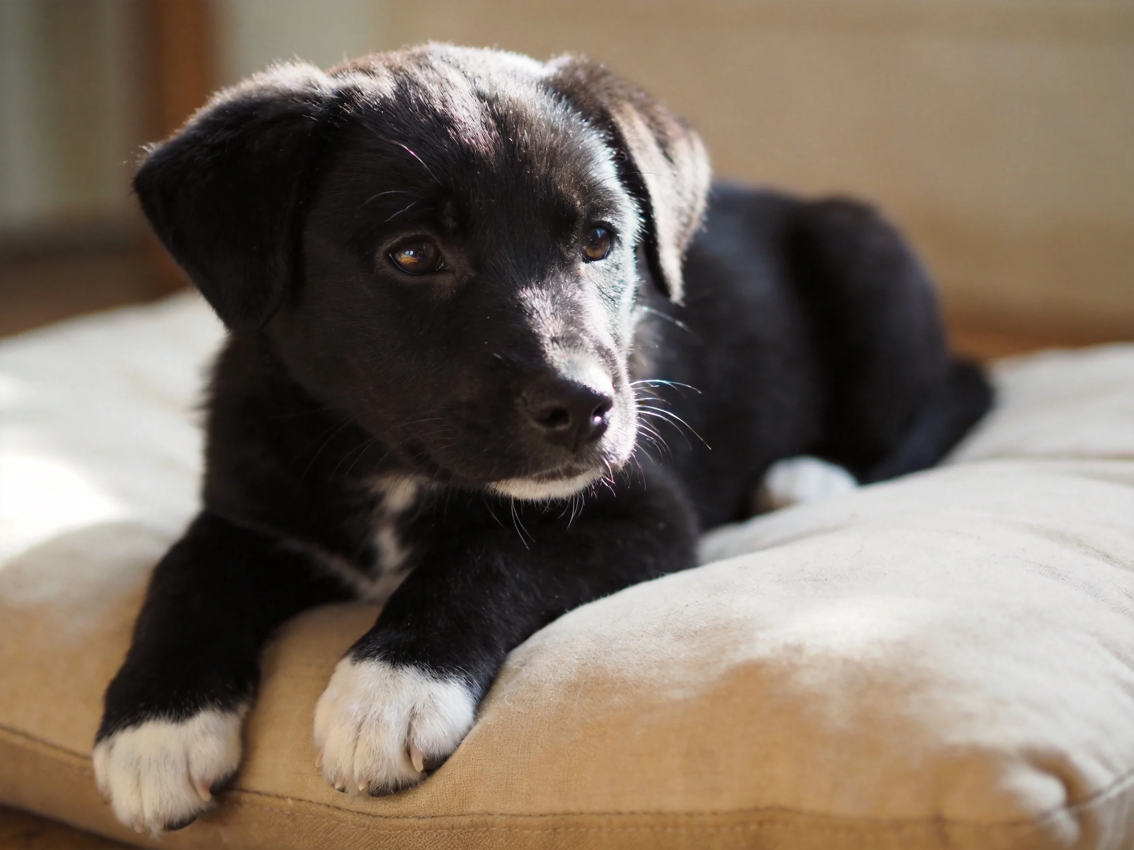 A black puppy with white paws resting on a plush cushion