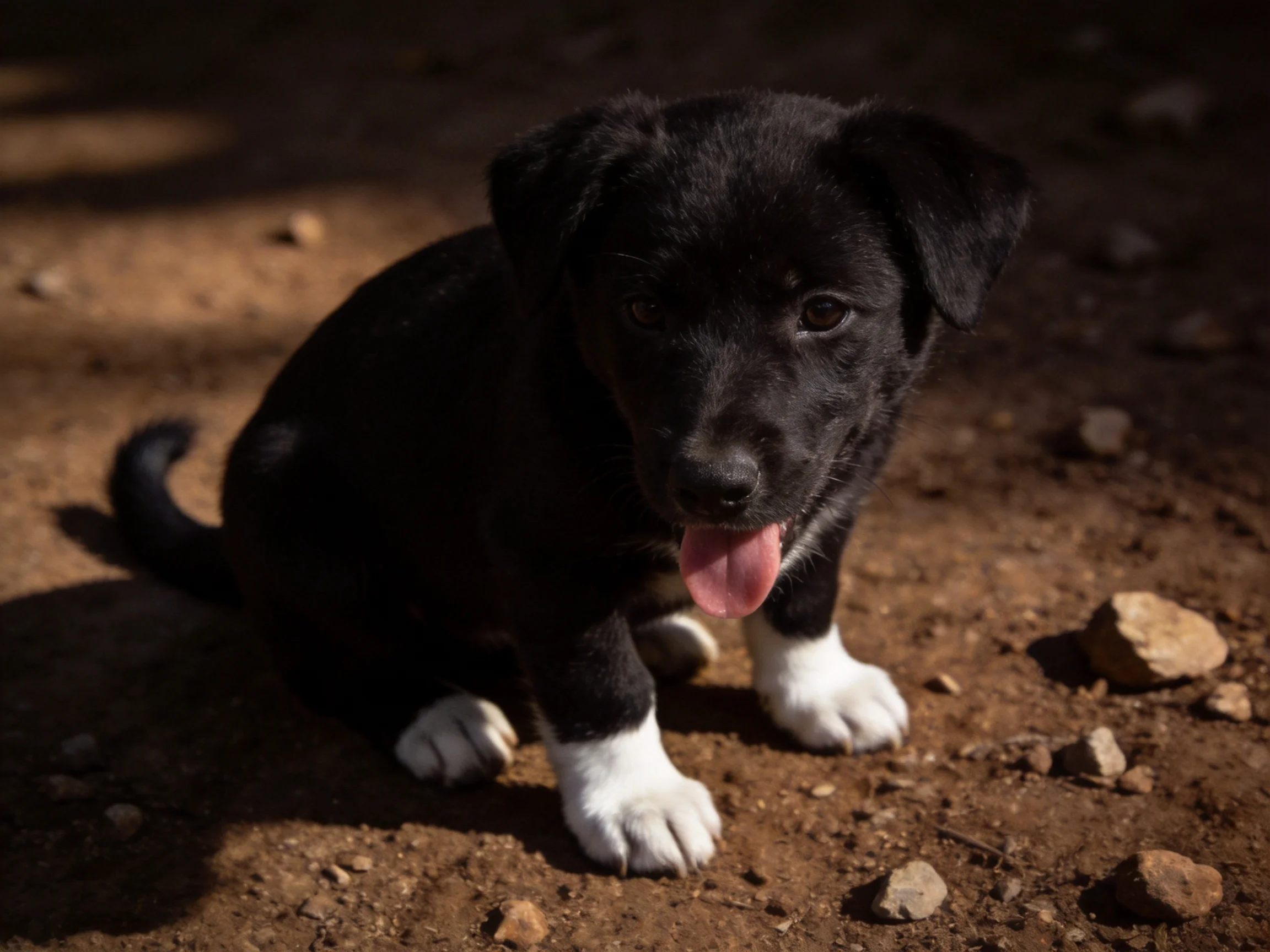 A black puppy with white paws sits on rocky dirt ground