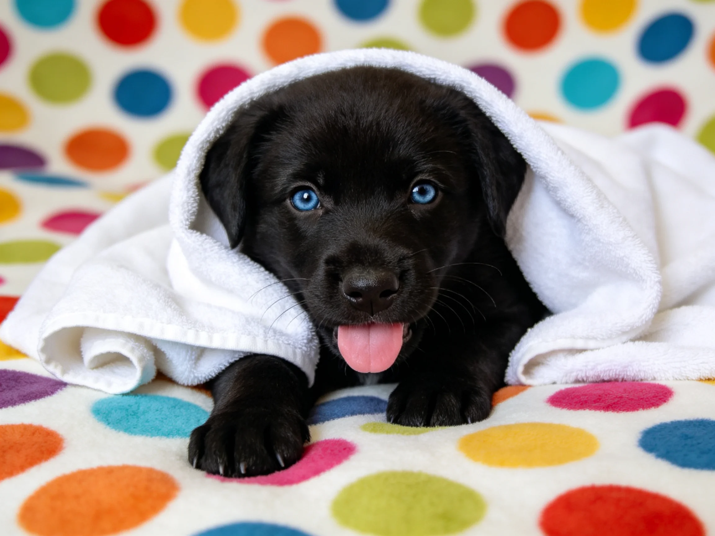 A black puppy wrapped in a white towel on a colorful polka dot surface