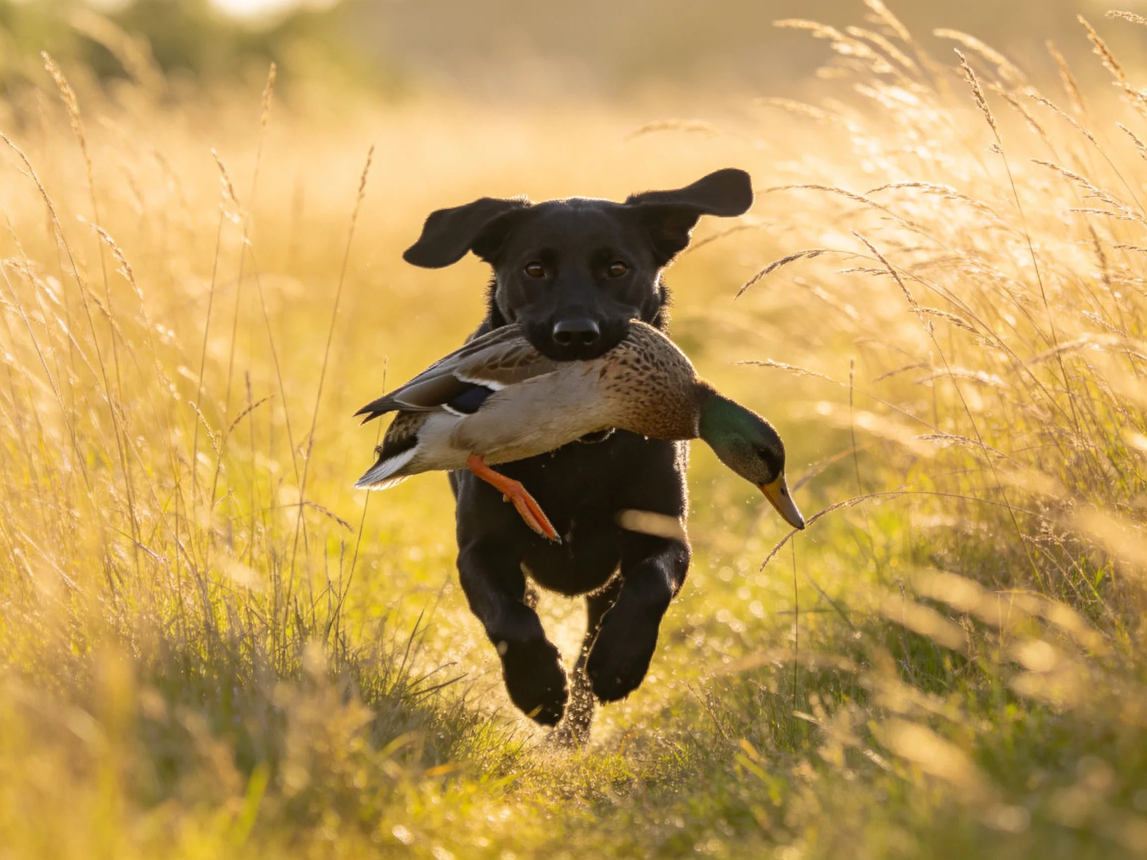 A black retriever carrying a mallard duck through golden grasslands