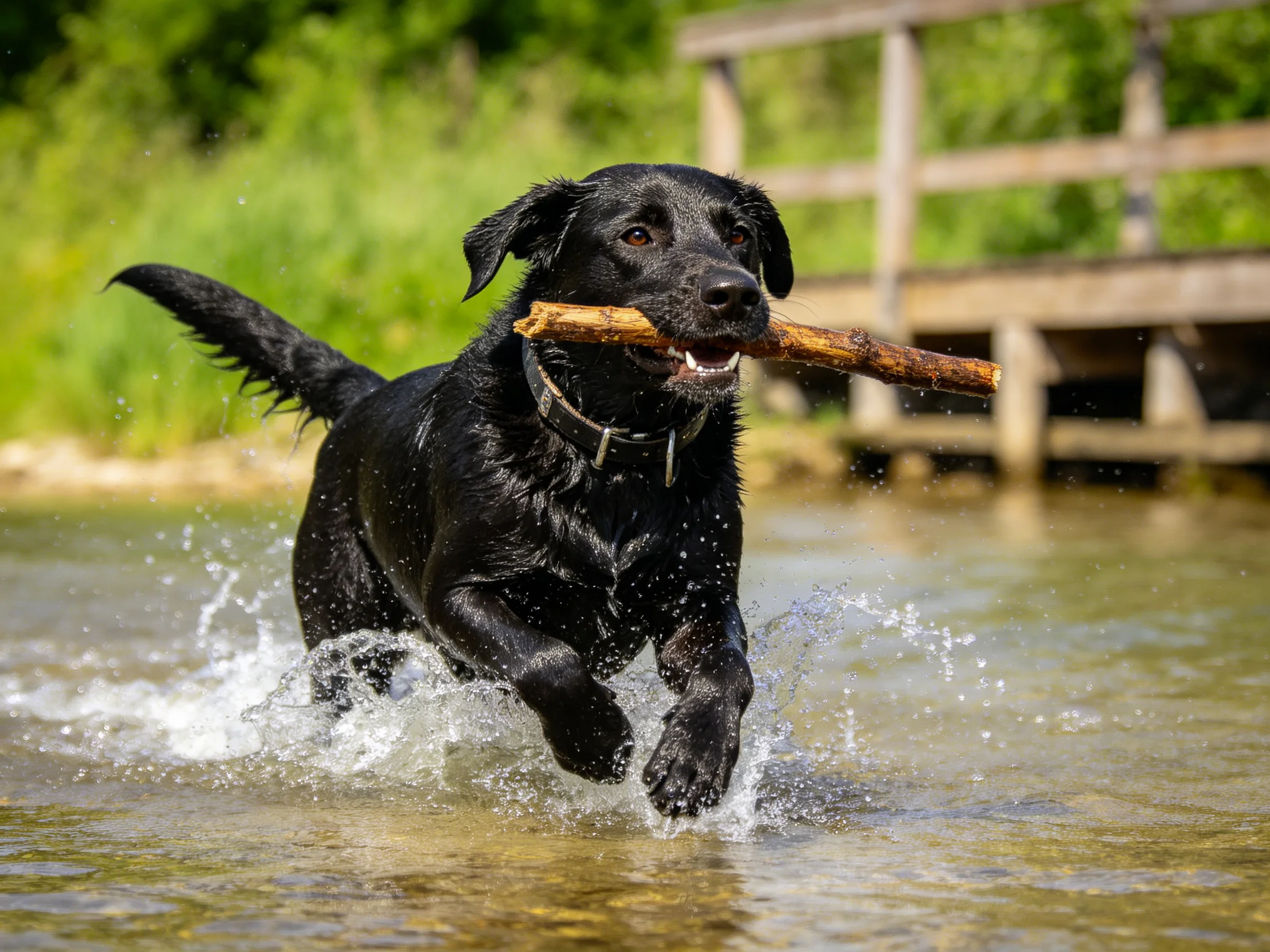 A black retriever fetching a wooden stick through shallow water