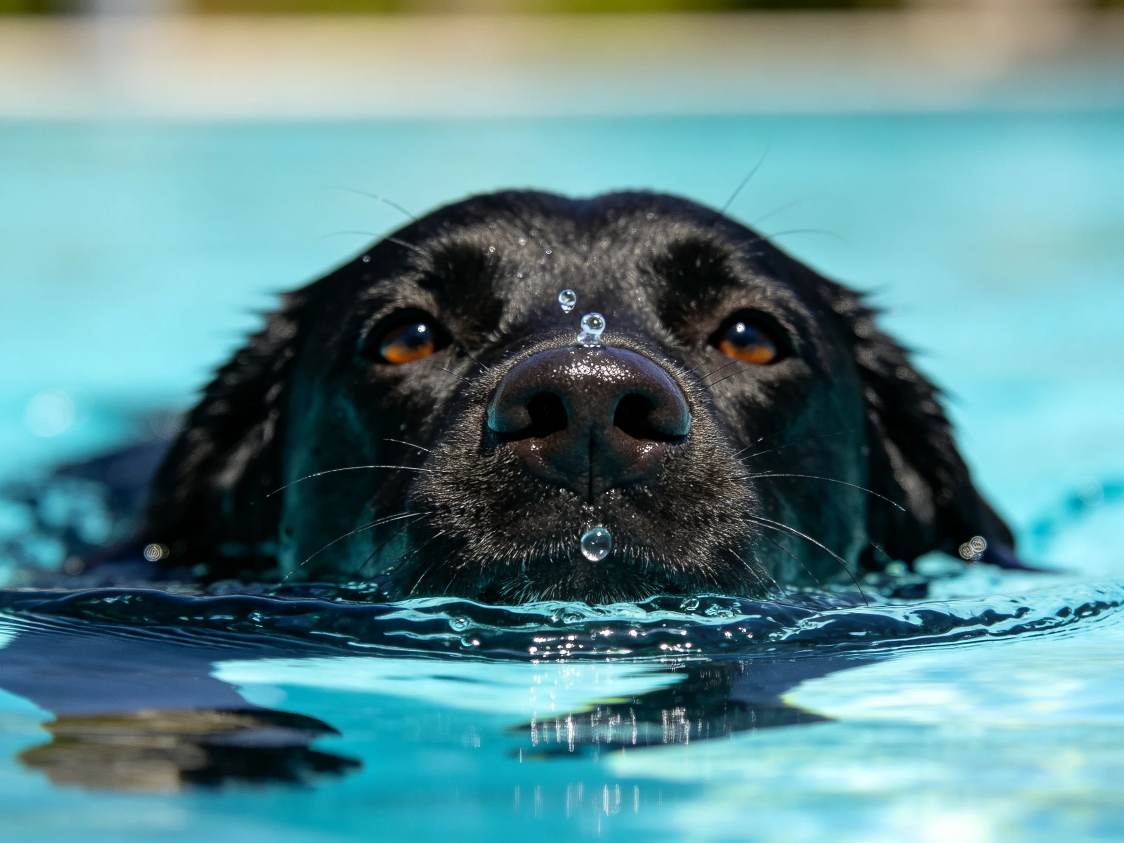 A black retriever partially submerged in bright blue pool water
