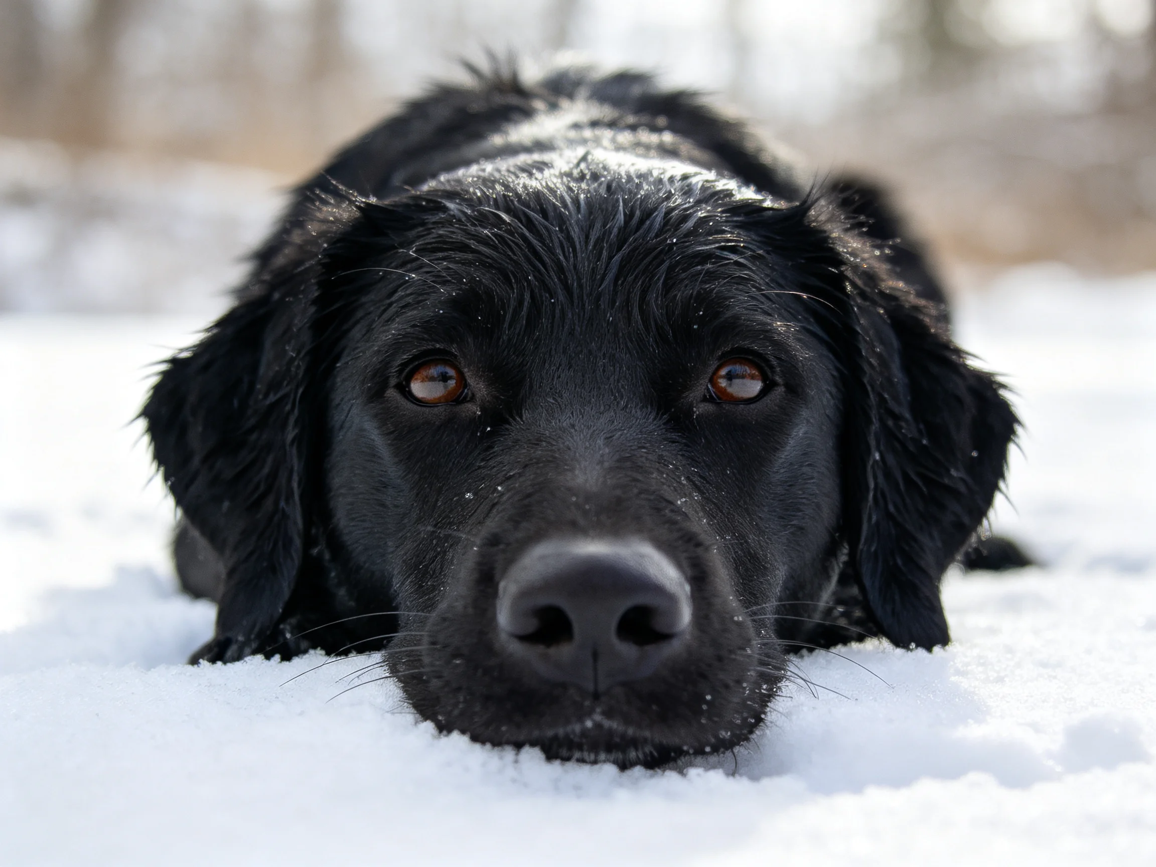 A black retriever rests on a snowy landscape with bright surroundings