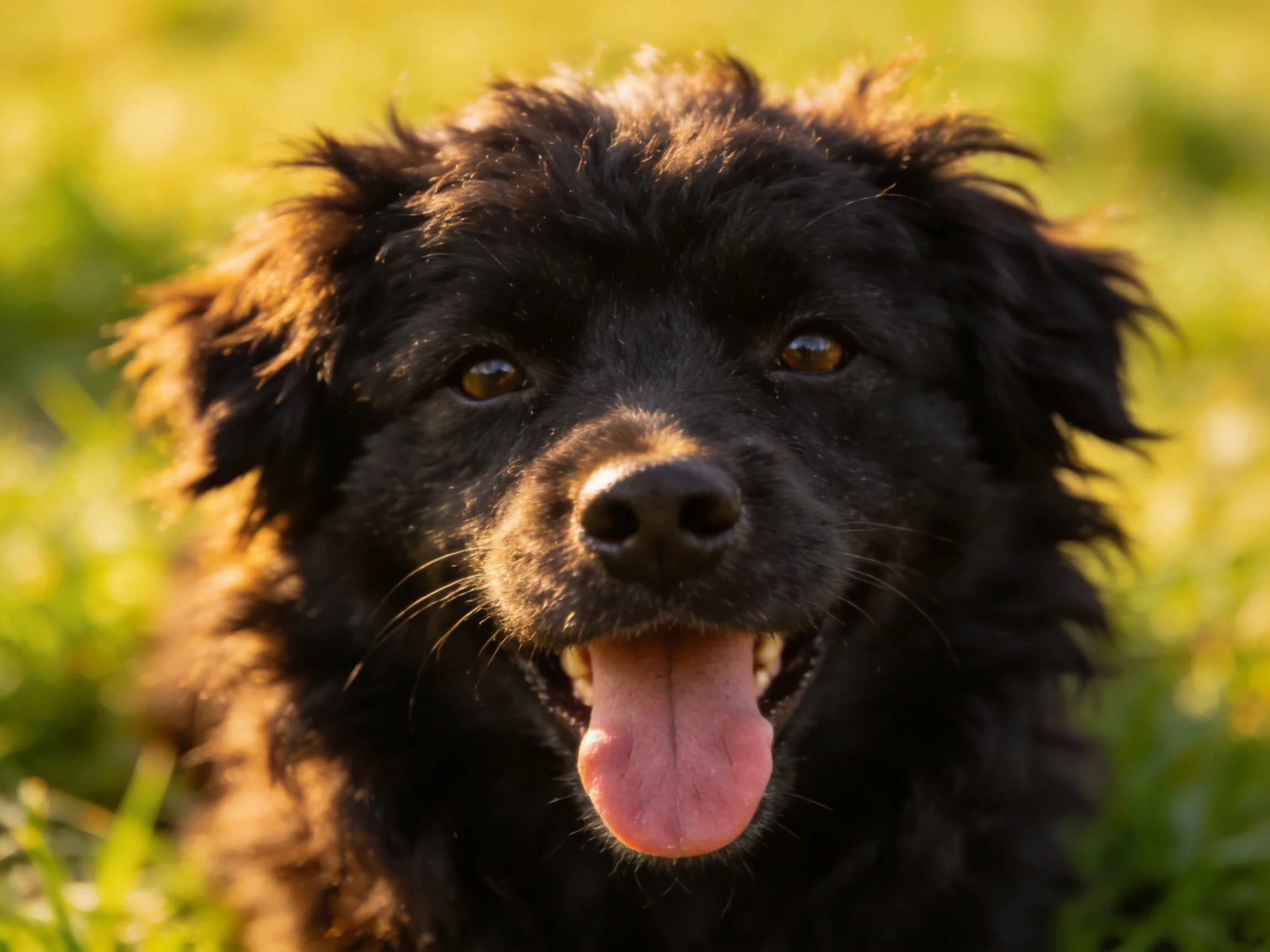 A black dog smiles happily in sunlit grass