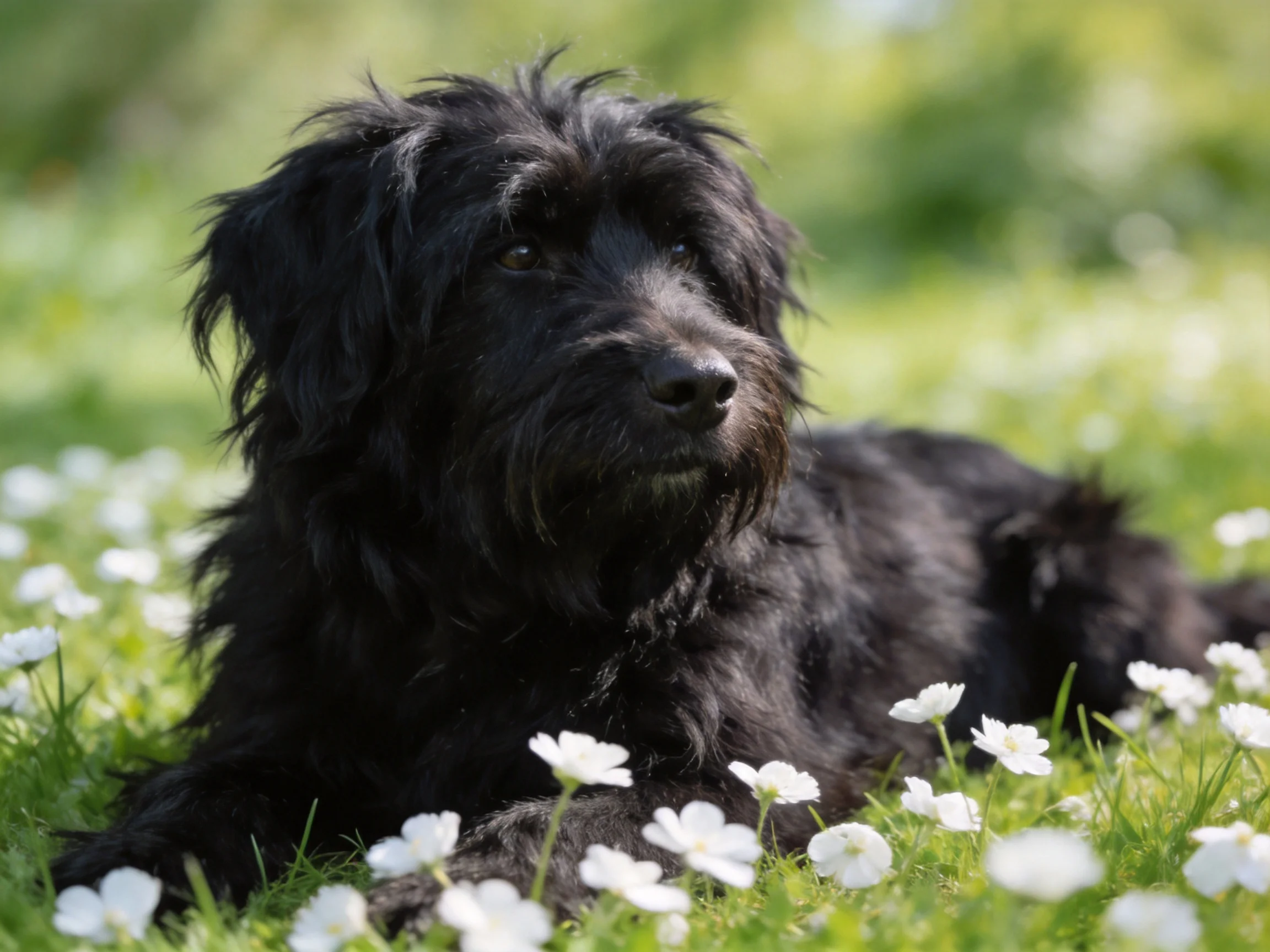 A black dog lies amid white flowers in a sunlit grassy area.