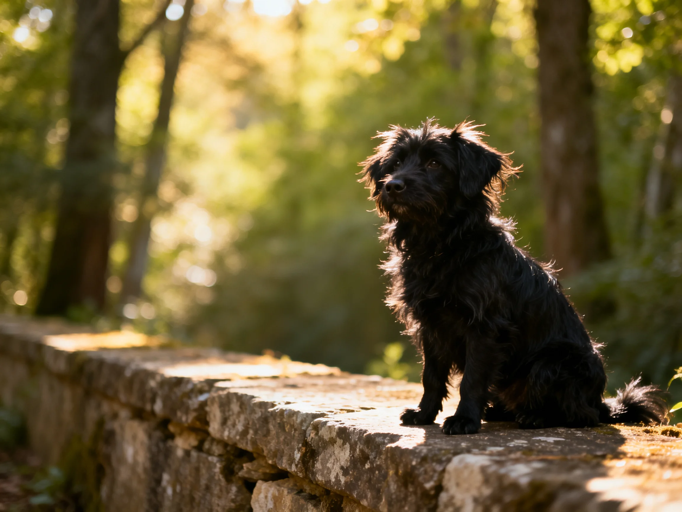 A black shaggy dog sits on an aged stone wall amid sun-dappled woods