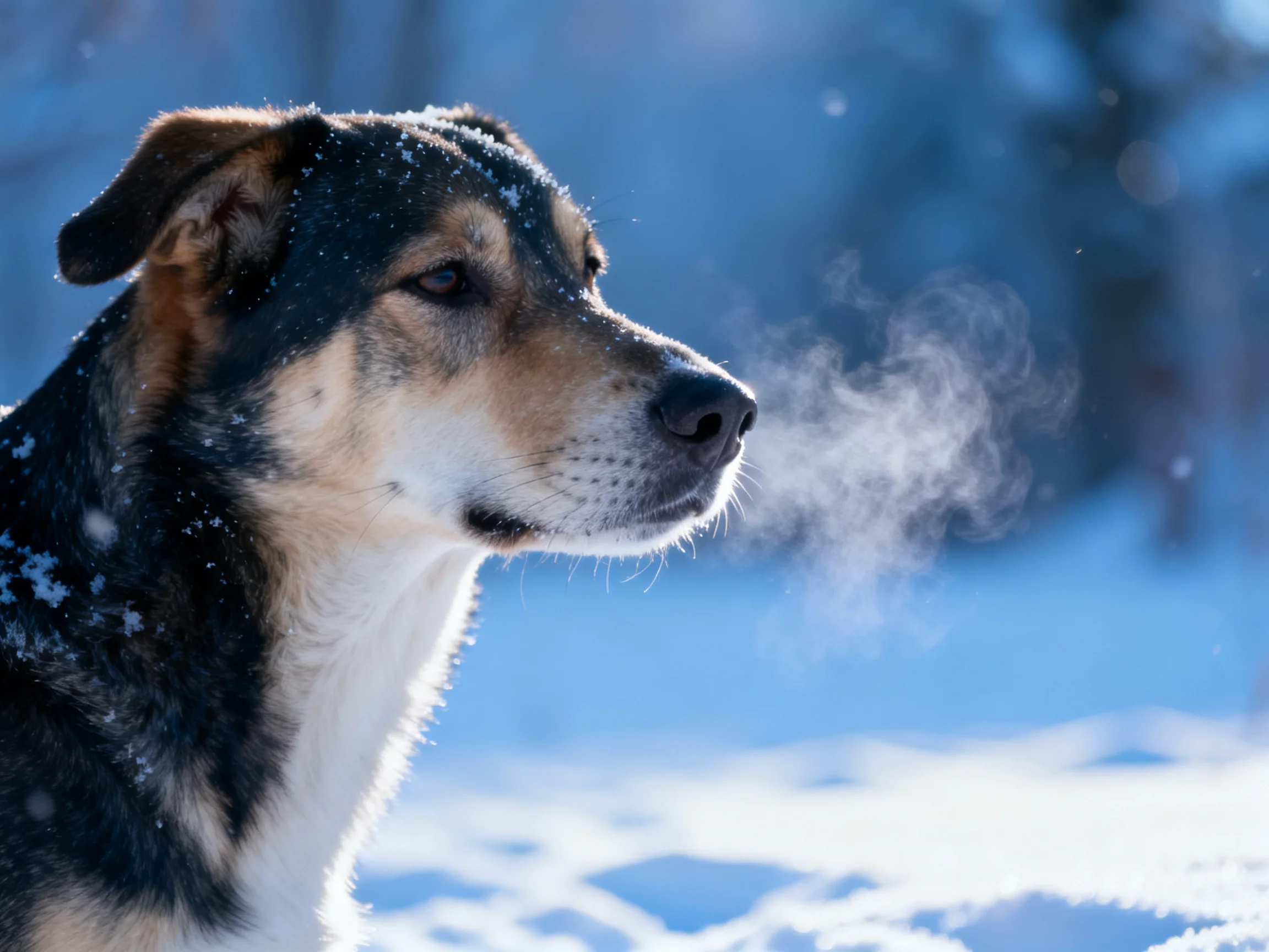 A dog exhales vapor while standing in a snowy outdoor setting.