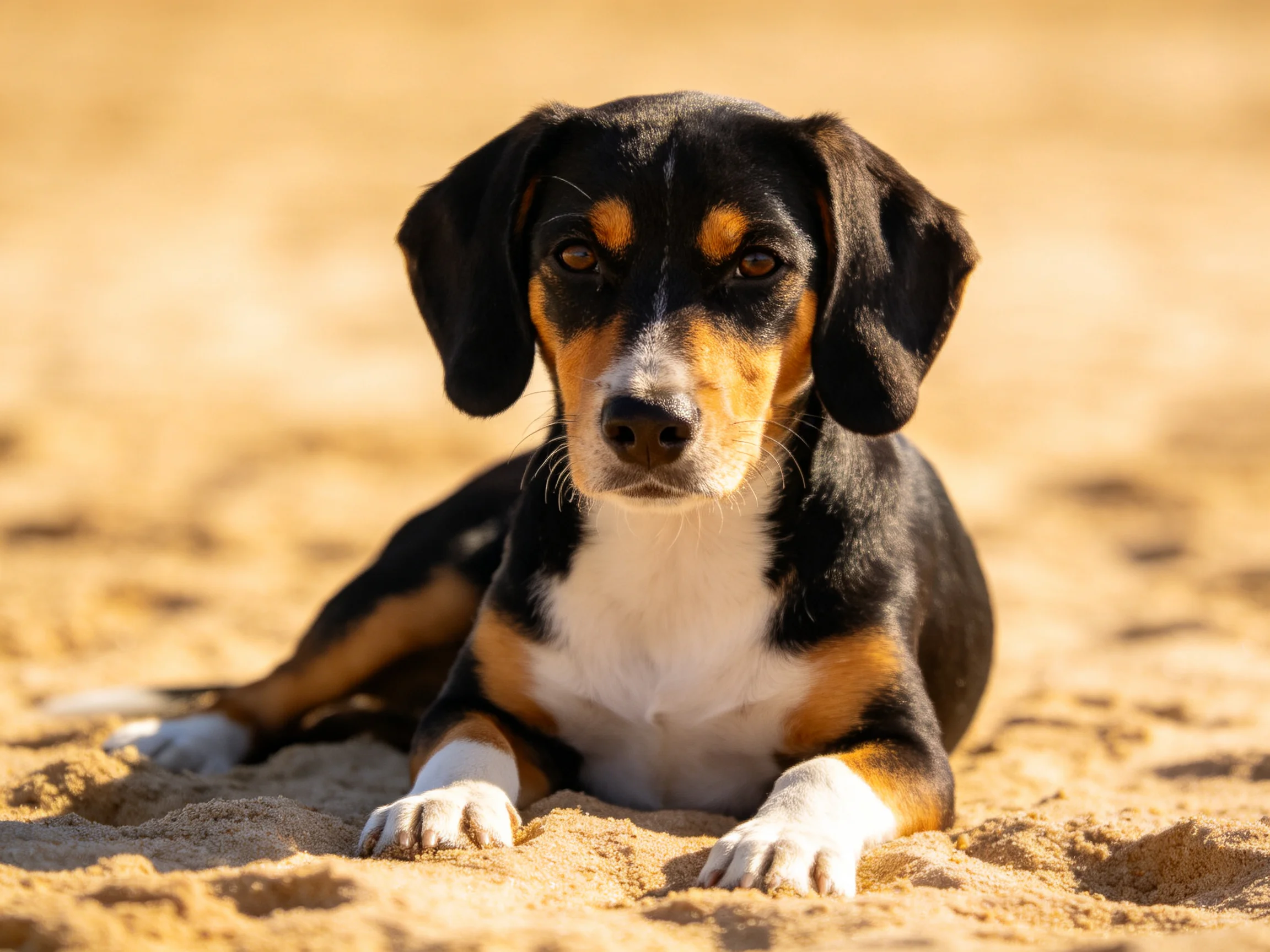 A black, tan, and white dog relaxes on sunlit sand