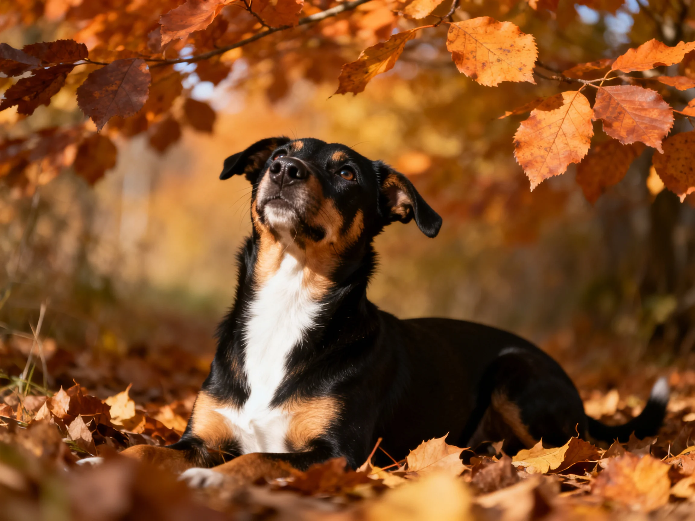 A dog relaxes among fallen leaves in a sunlit forest