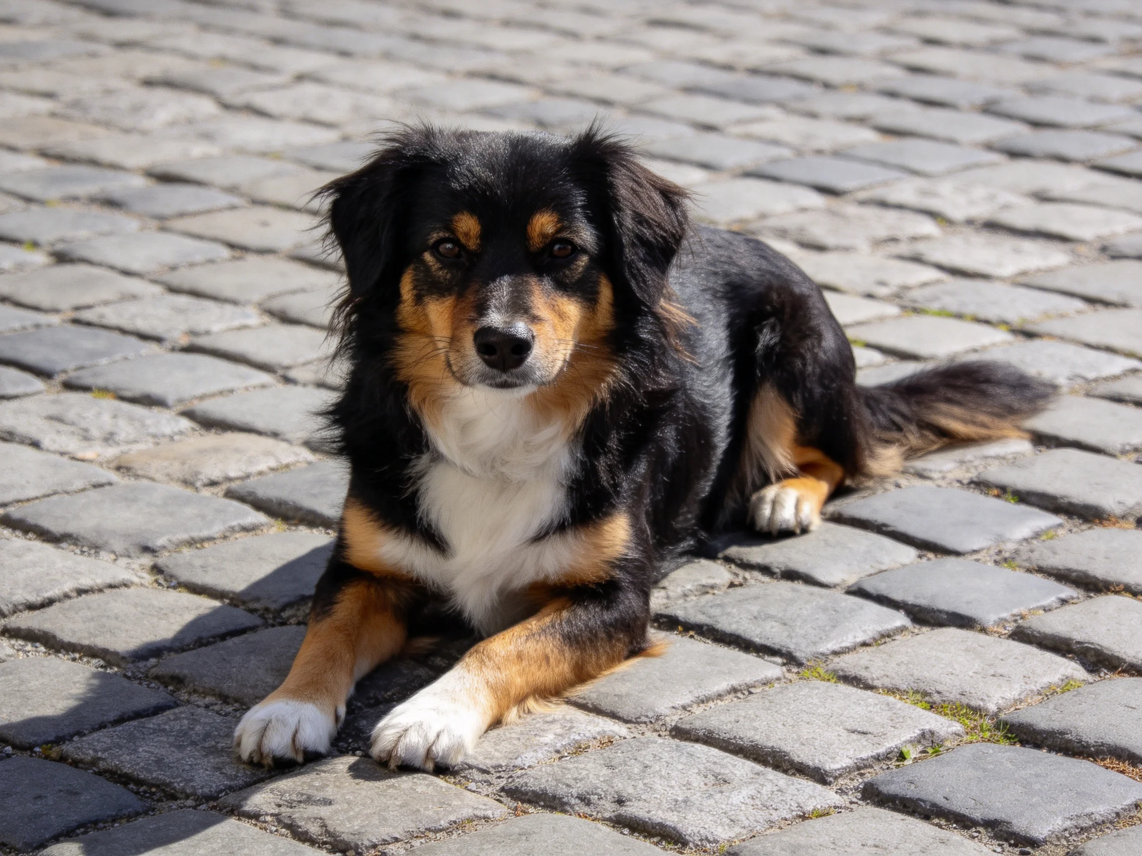 A tricolor dog rests calmly on a cobblestone pavement.
