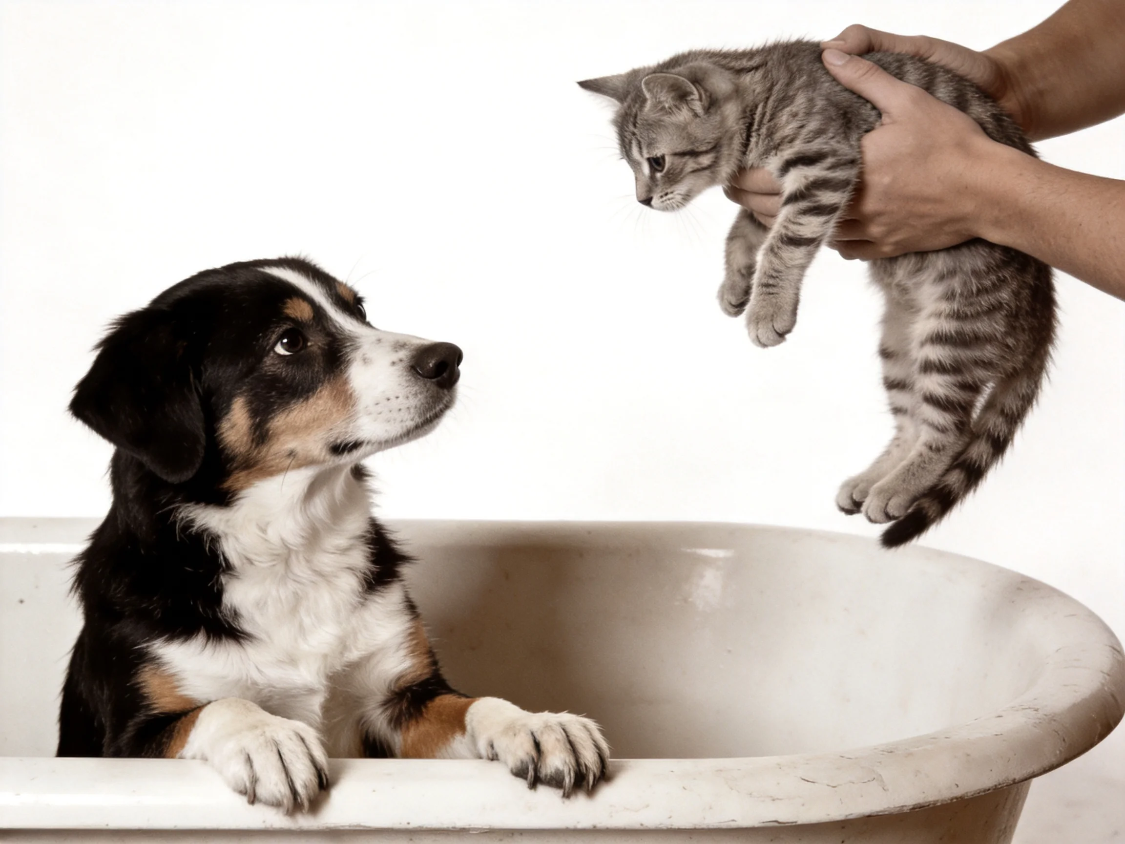 A dog in a tub watches a gray tabby kitten being held