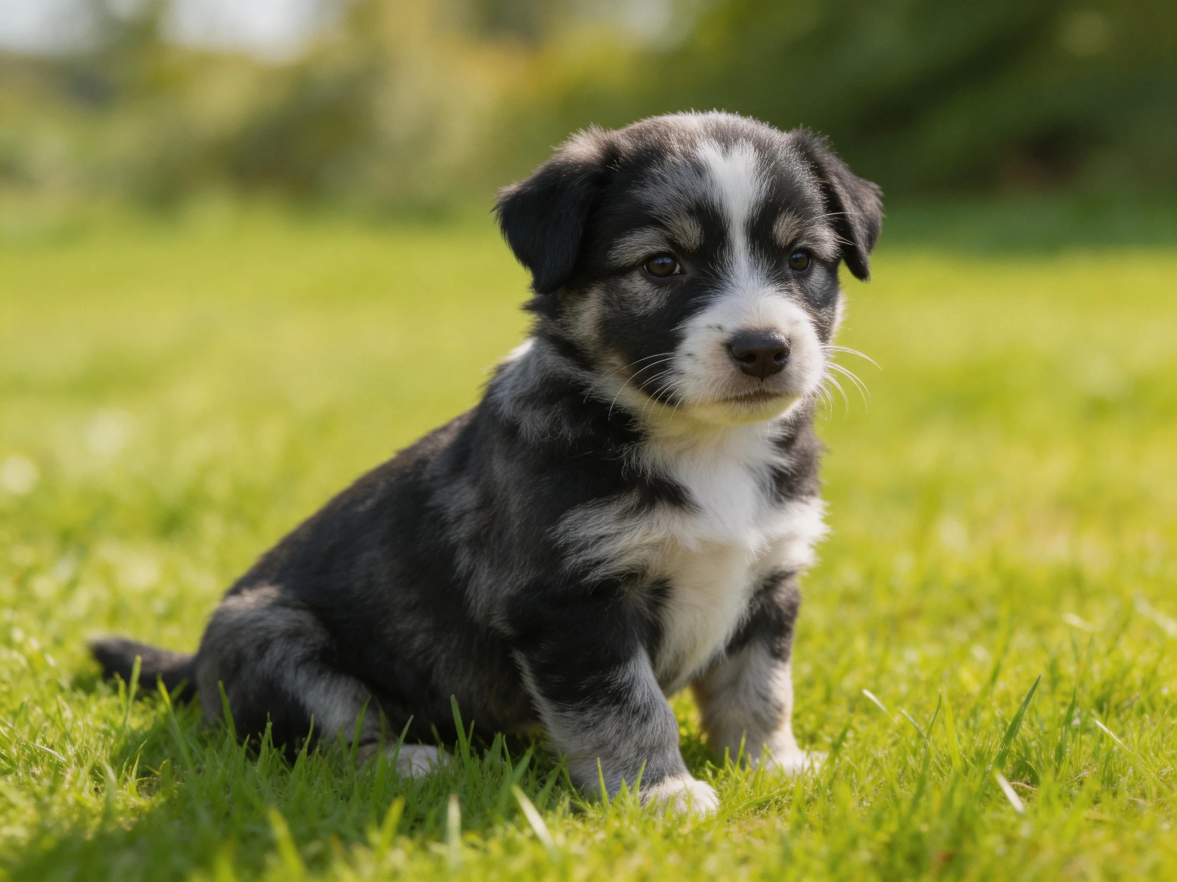 A small mixed-breed puppy sits calmly on lush green grass outdoors.