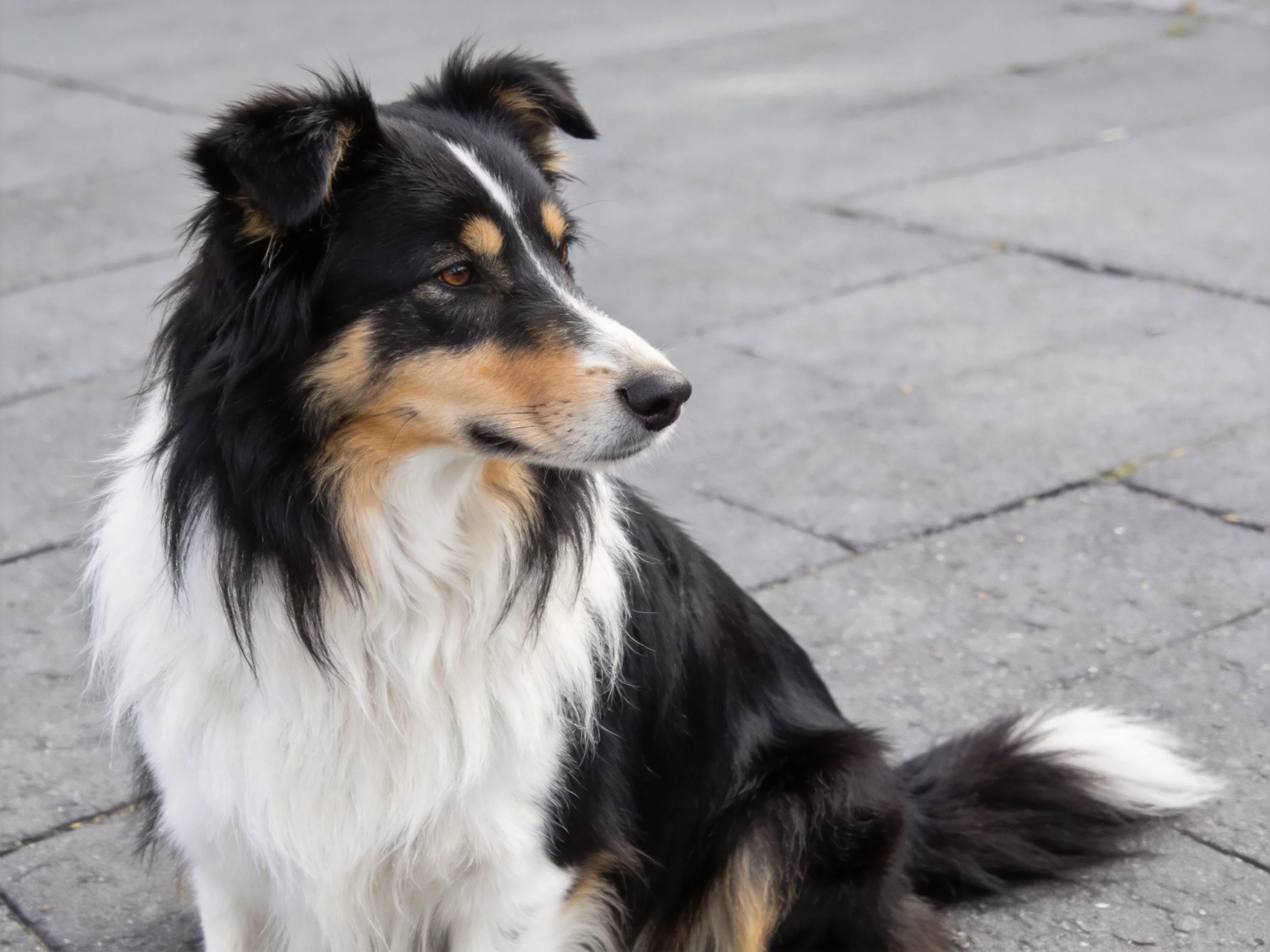 A tricolor collie dog sits calmly on paved stone tiles.