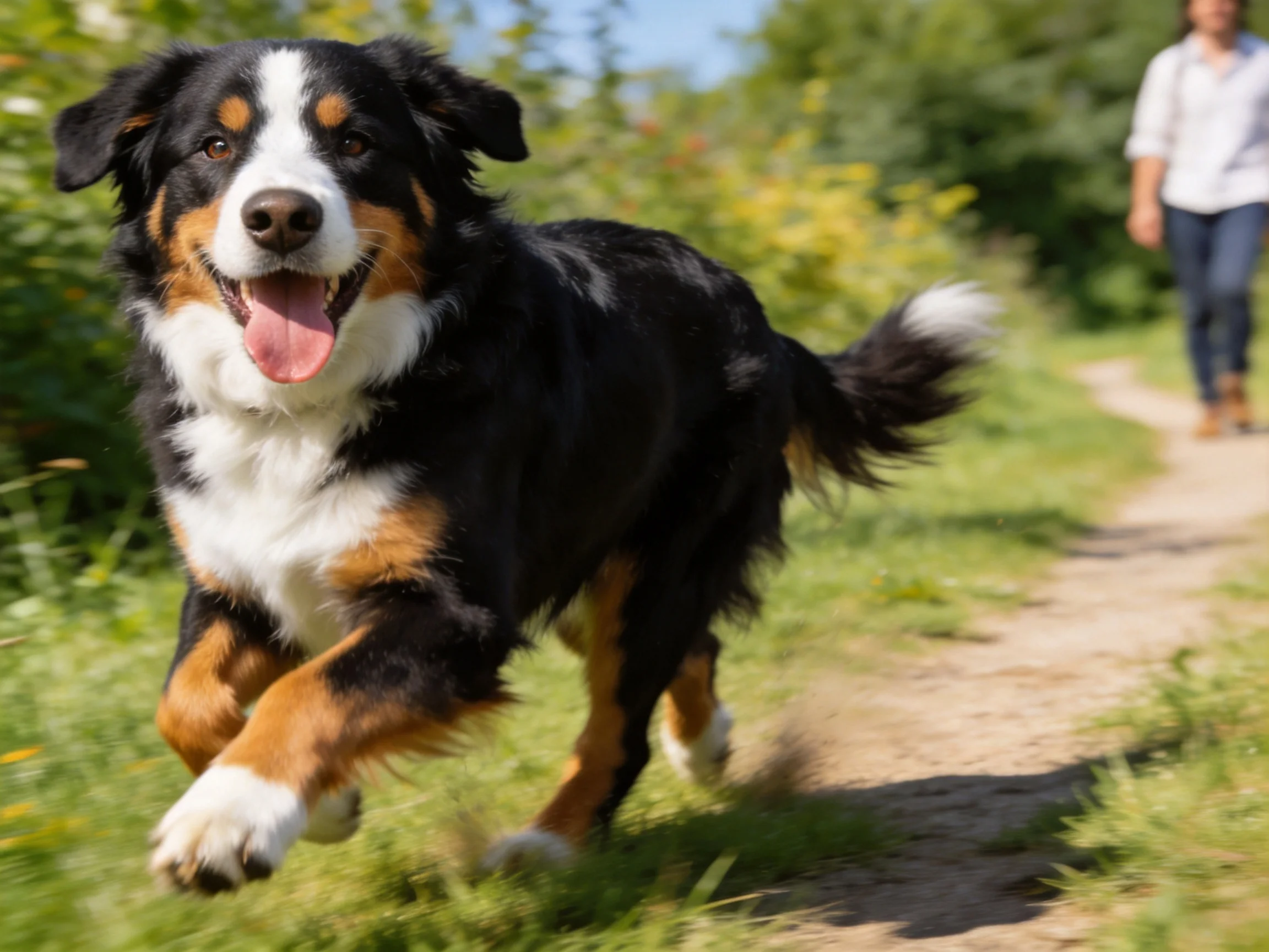 A black, white, and tan dog joyfully runs along a sunlit dirt path
