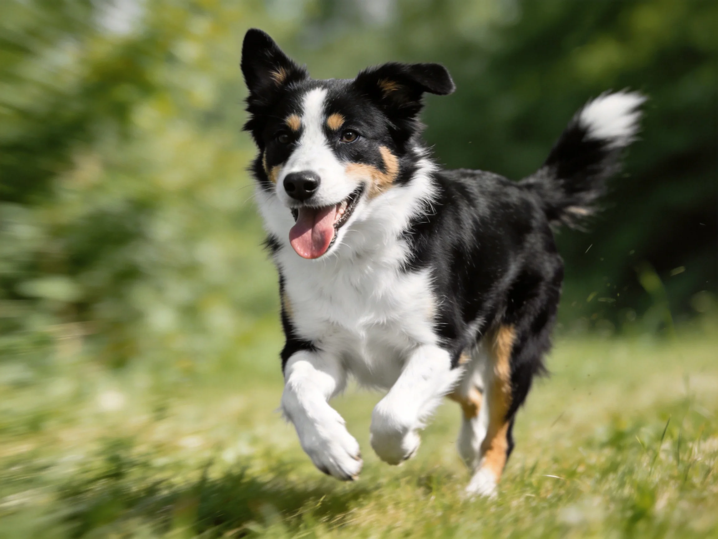 A black, white, and tan dog joyfully runs through a sunlit grassy field
