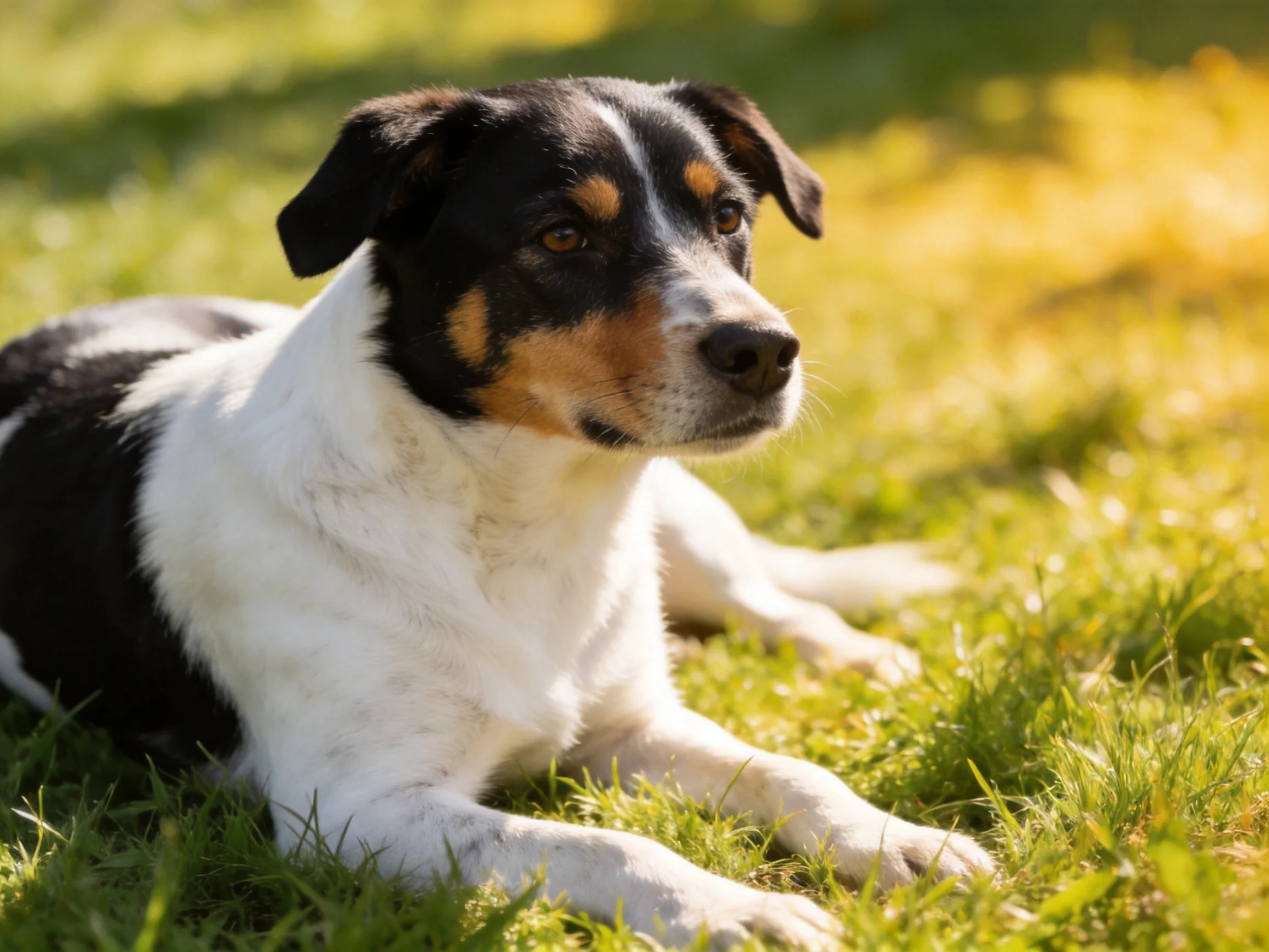 A black, white, and tan dog lies on sunlit green grass