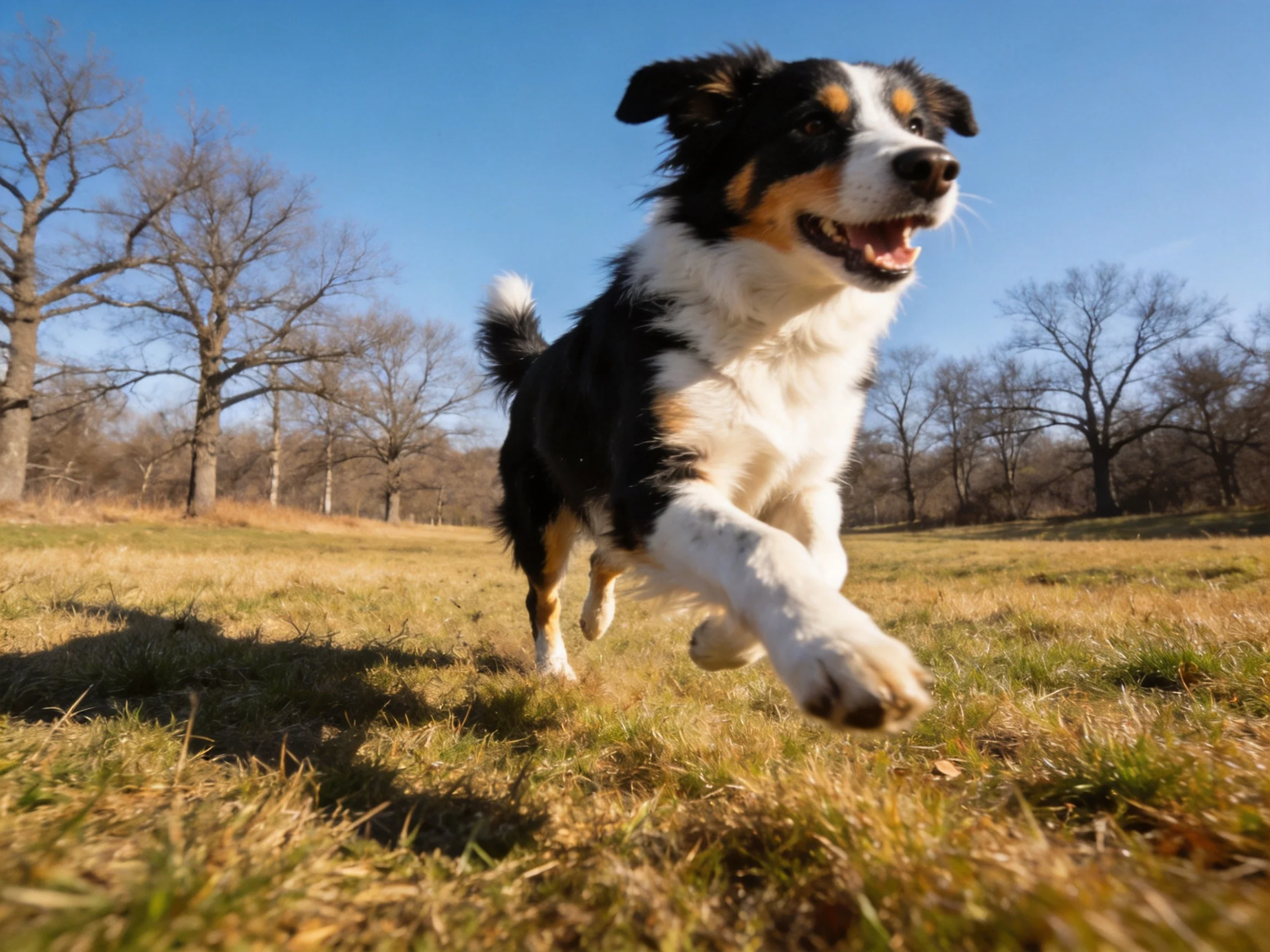 A joyful tri - colored dog runs across a grassy field with trees in the background.