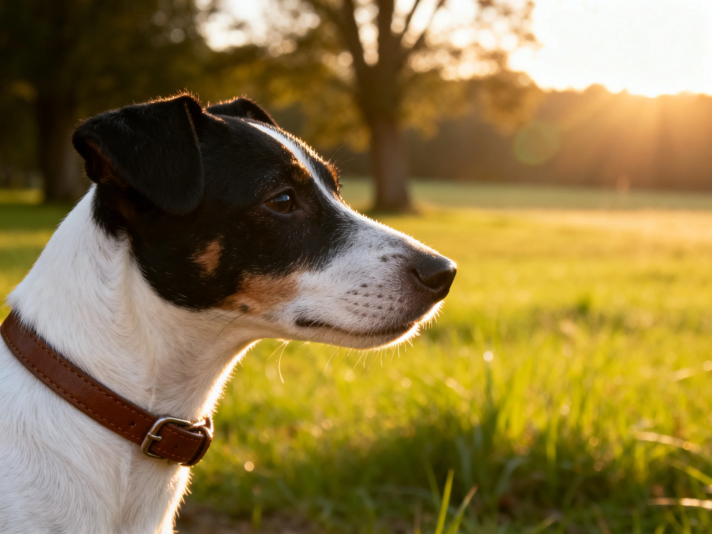 A dog with a brown collar stands in a sunlit grassy field near trees.