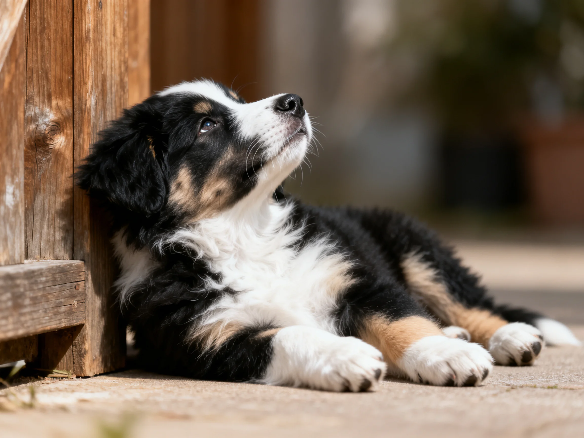 A black, white, and tan puppy rests near a wooden structure outdoors.