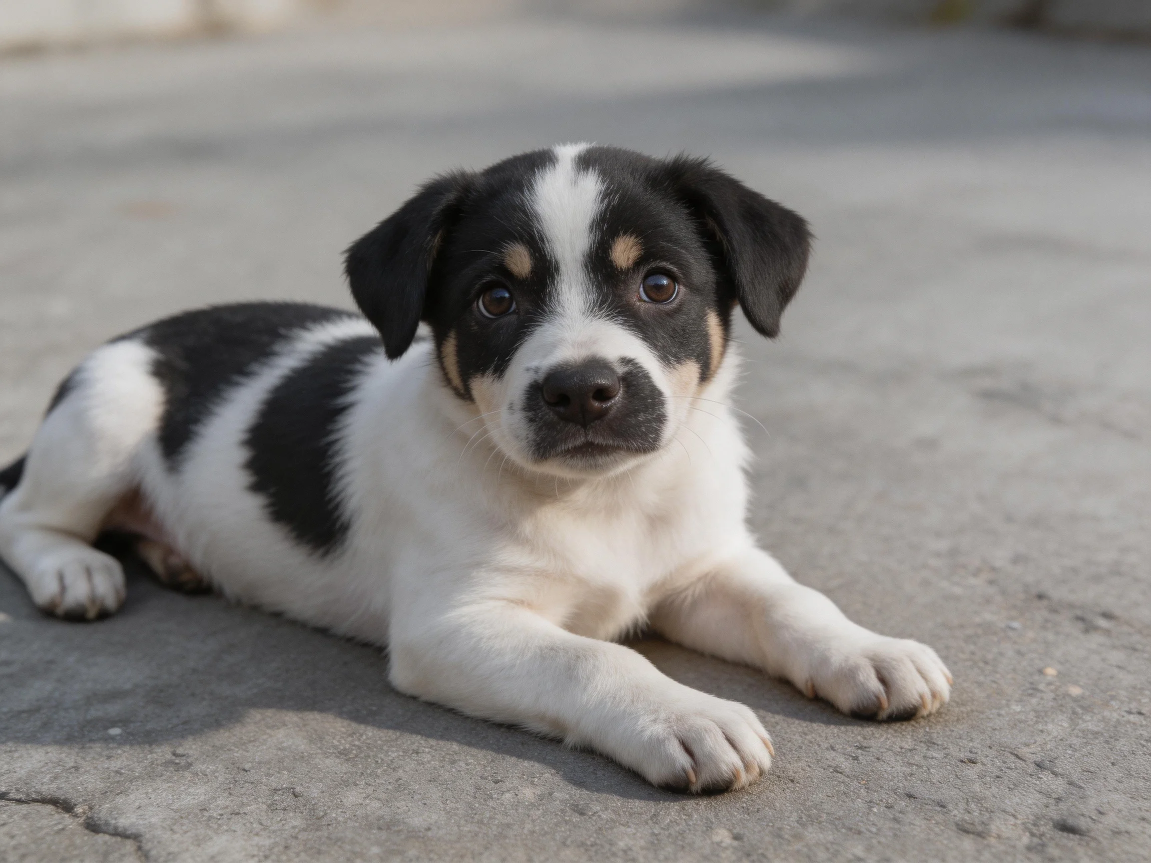 A mixed-breed puppy with black, white, and tan fur relaxes on pavement.