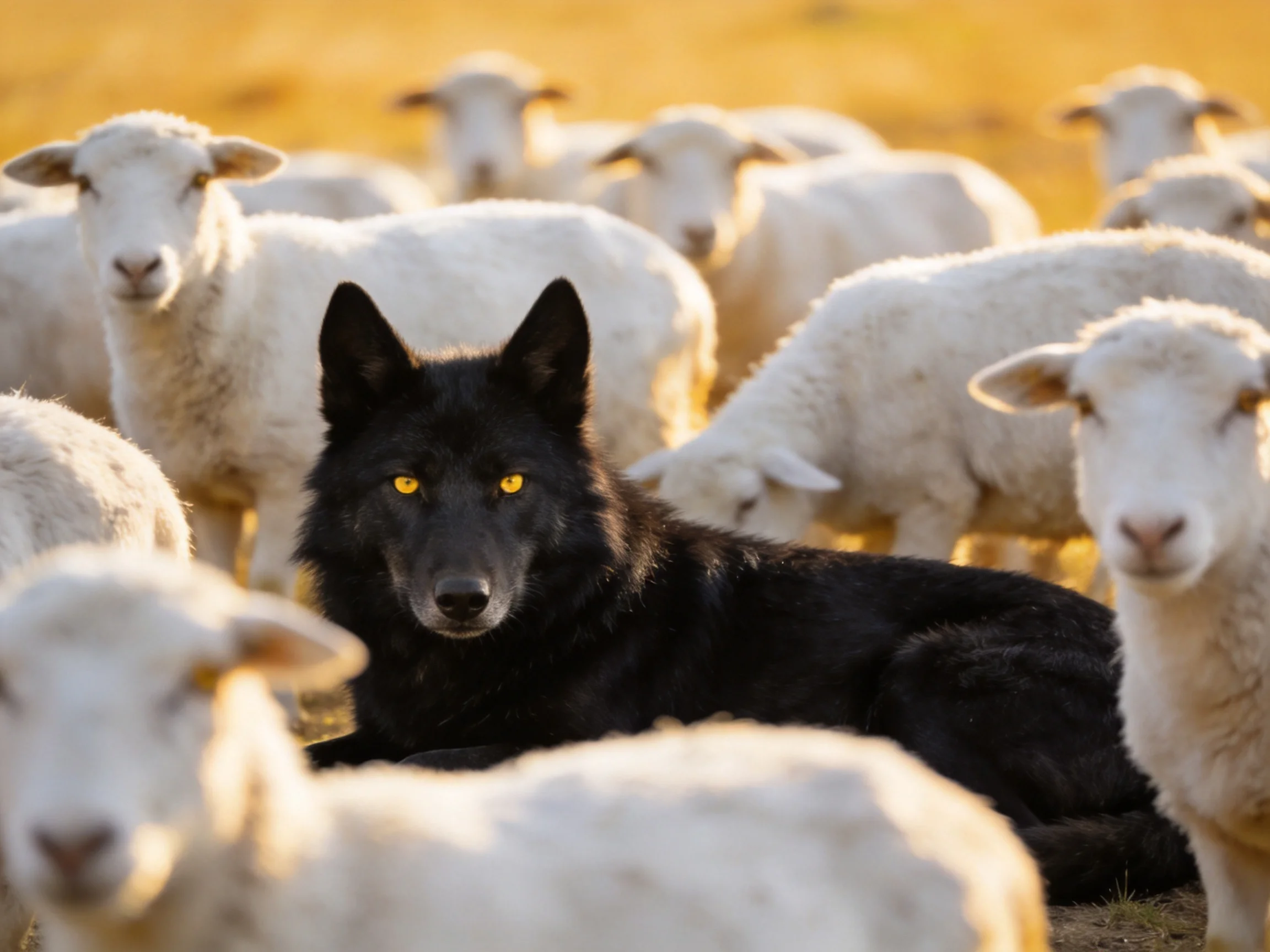 A black wolf is surrounded by white sheep in a sunlit area.