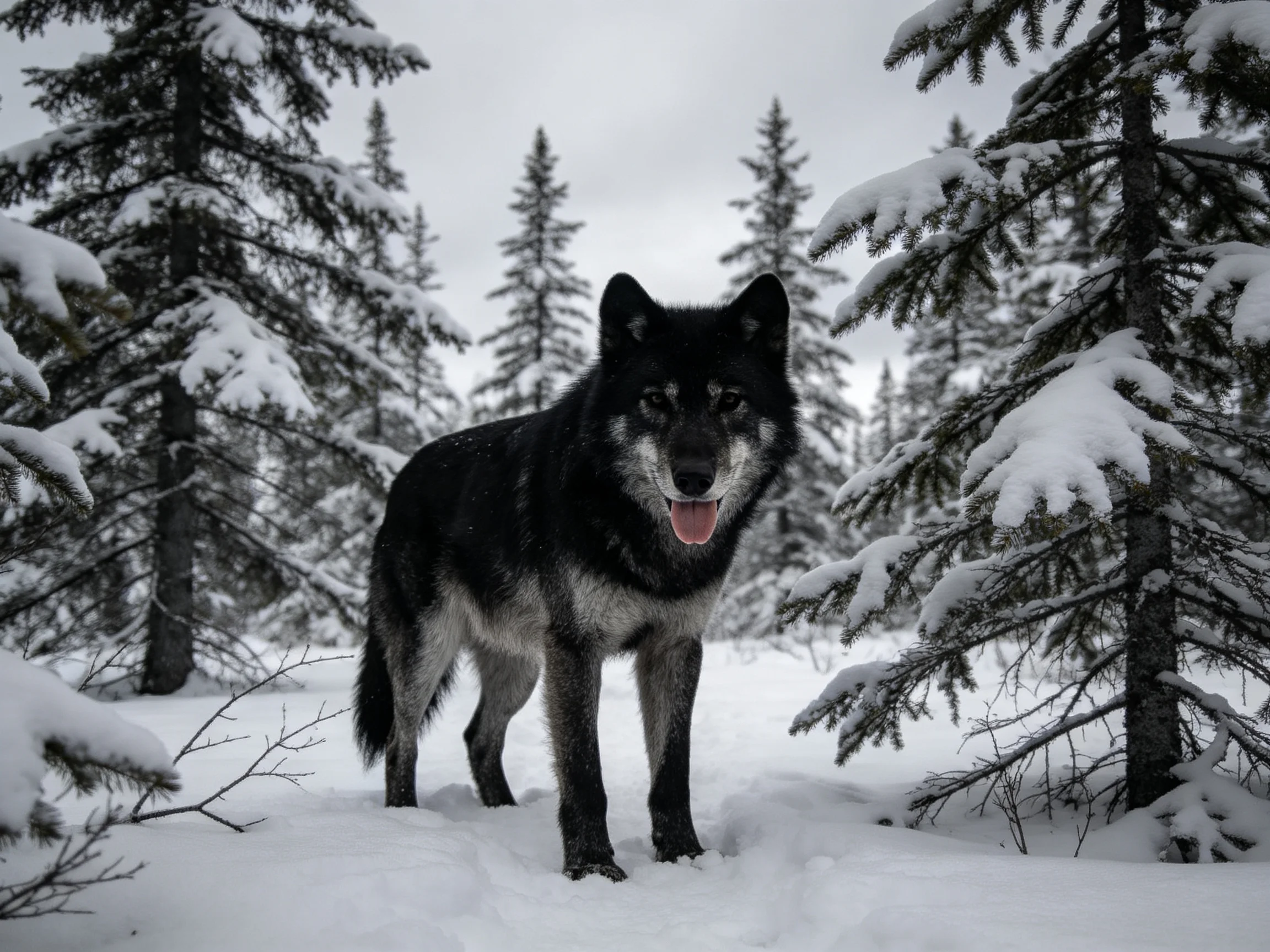 A black wolf stands amid snow - pine trees in winter