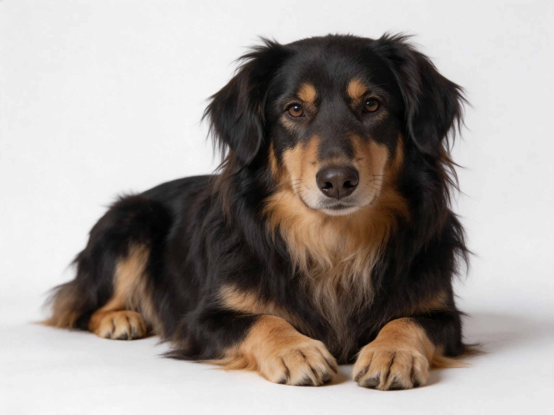 A black and tan long-haired dog lies calmly on a white surface.