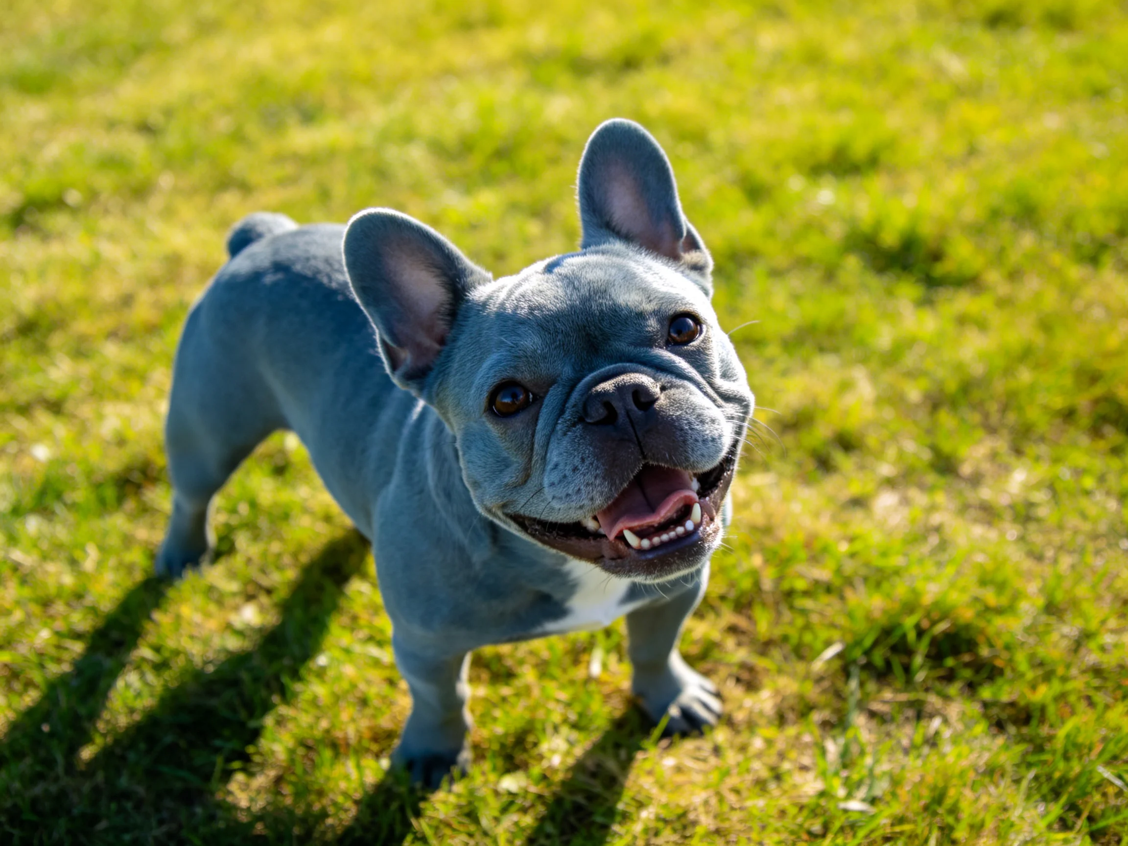 A blue French bulldog stands on sunlit green grass