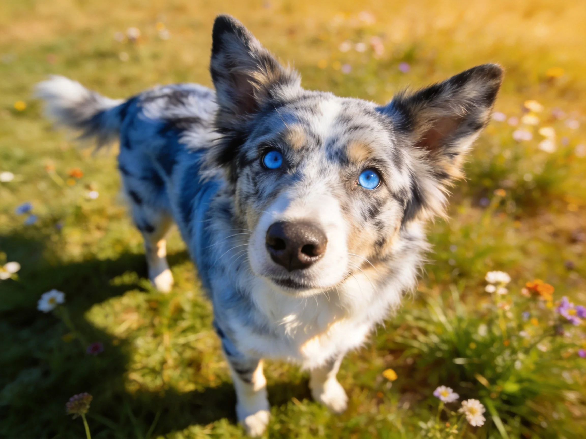 A blue-eyed dog with gray and white fur in a flowered meadow